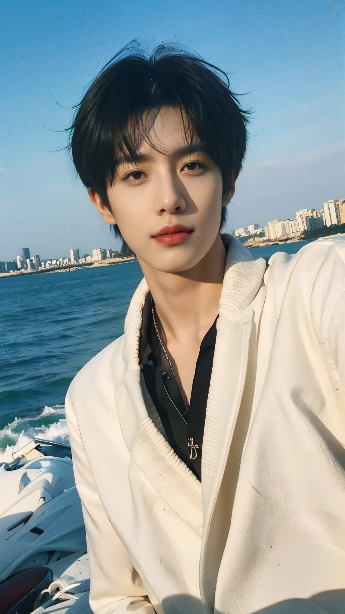 best quality, masterpiece,Ultra high resolution,(Realistically :1.4),Original image,wallpaper,avatar,Beachwear,simple background, details,Selfie,Handsome Man, The Sea Breeze ,seaside