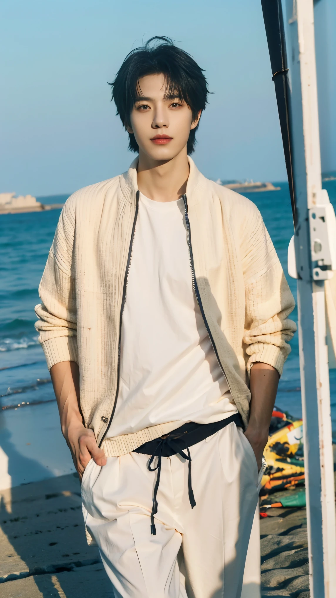 best quality, masterpiece,Ultra high resolution,(Realistically :1.4),Original image,wallpaper,avatar,Beachwear,simple background, details,Selfie,Handsome Man, The Sea Breeze ,seaside