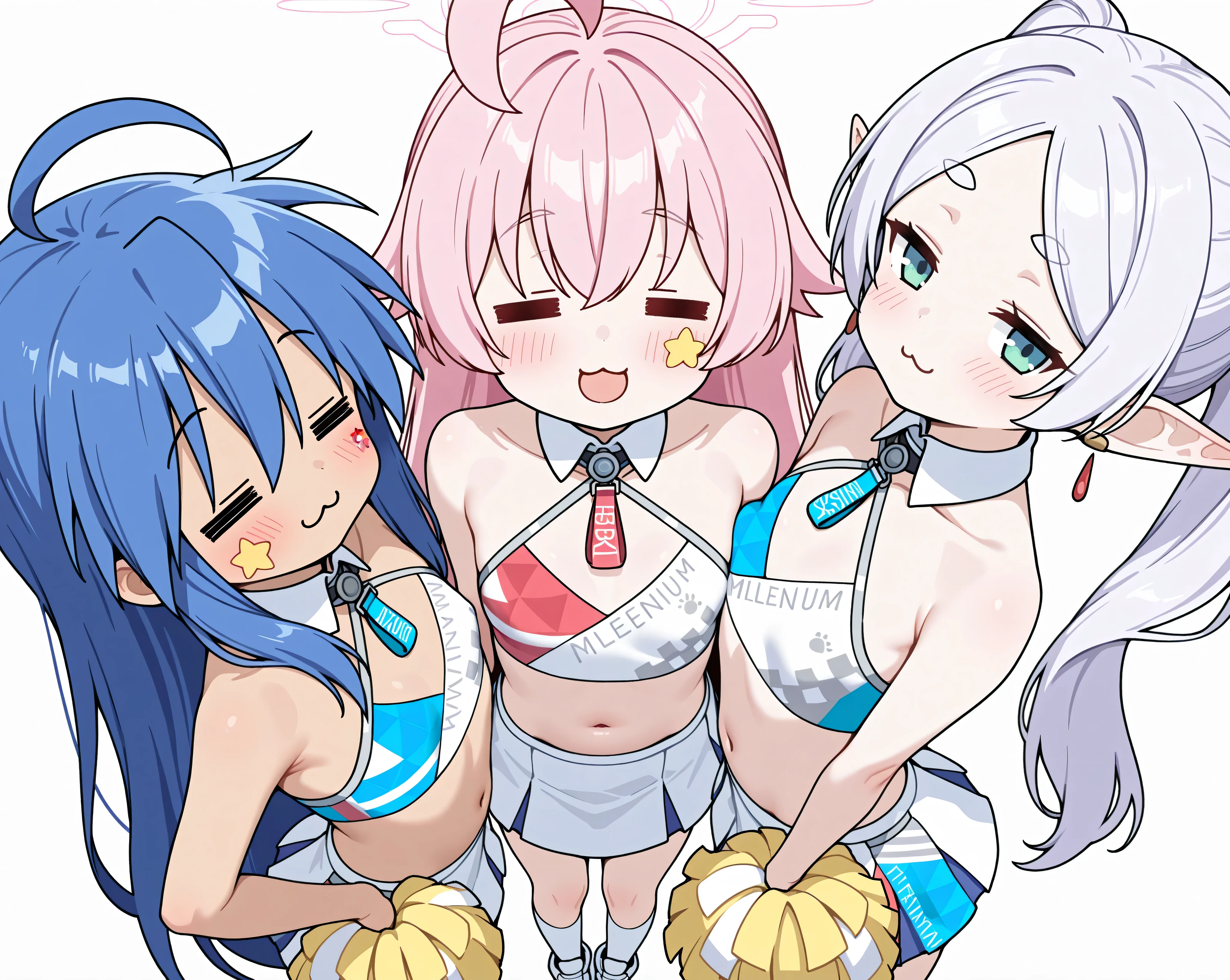 from above,3girls,upper body,((=w=, :3, =ω=, closed eyes)),seductive smile,Izumi Konata,frieren,Takanashi Hoshino\(blue archive)\,twintails, {upper body}, {bishoujo}, small chest, millennium cheerleader outfit (blue archive), knee high socks, white socks, standing together,navel, bare shoulder, bare arms,symmetrical_docking, holding pom pom (cheerleading),looking at viewer, :d, yellow star sticker, sticker on face, blush, from side, simple background, white background