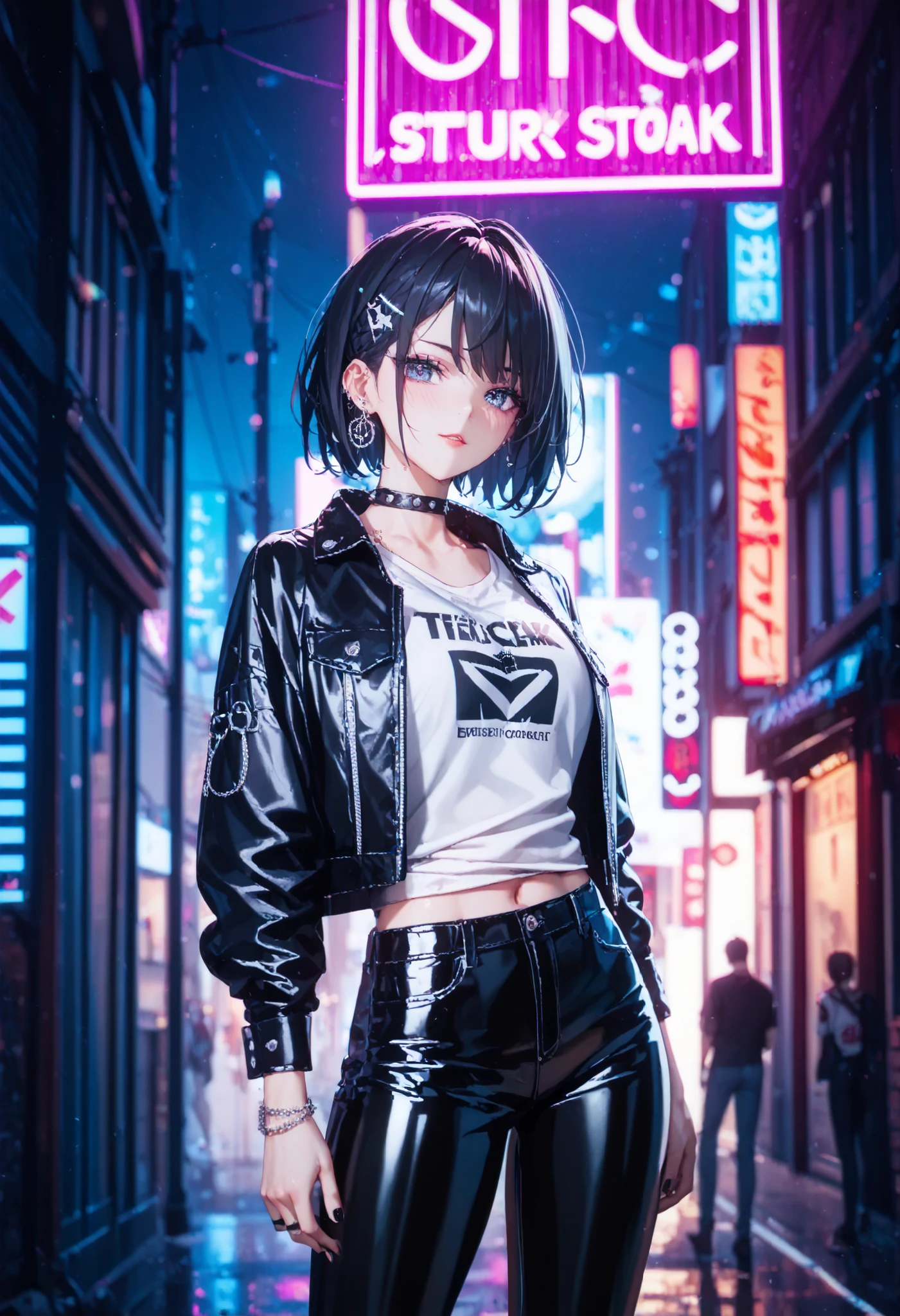 (((Best quality, 8k, Masterpiece: 1.3)), ((best quality)), ((masterpiece)), (detailed), perfect face, perfect body, (detailed skin:1.3), (intricate details), A rising punk rock star with a rebellious attitude, standing confidently on a dimly lit urban stage. She has long, straight black hair that flows down her back, accentuated by bold black eyeliner that gives her an intense gaze. She wears a black leather jacket over a white tank top, paired with black leather short pants that add to her edgy style. A Chrome Hearts choker gleams around her neck, completing her rockstar look. The neon lights from the cityscape behind her cast a dramatic glow, enhancing the raw energy of her presence. The atmosphere is gritty, with a sense of underground music culture, embodying the essence of punk rock rebellion