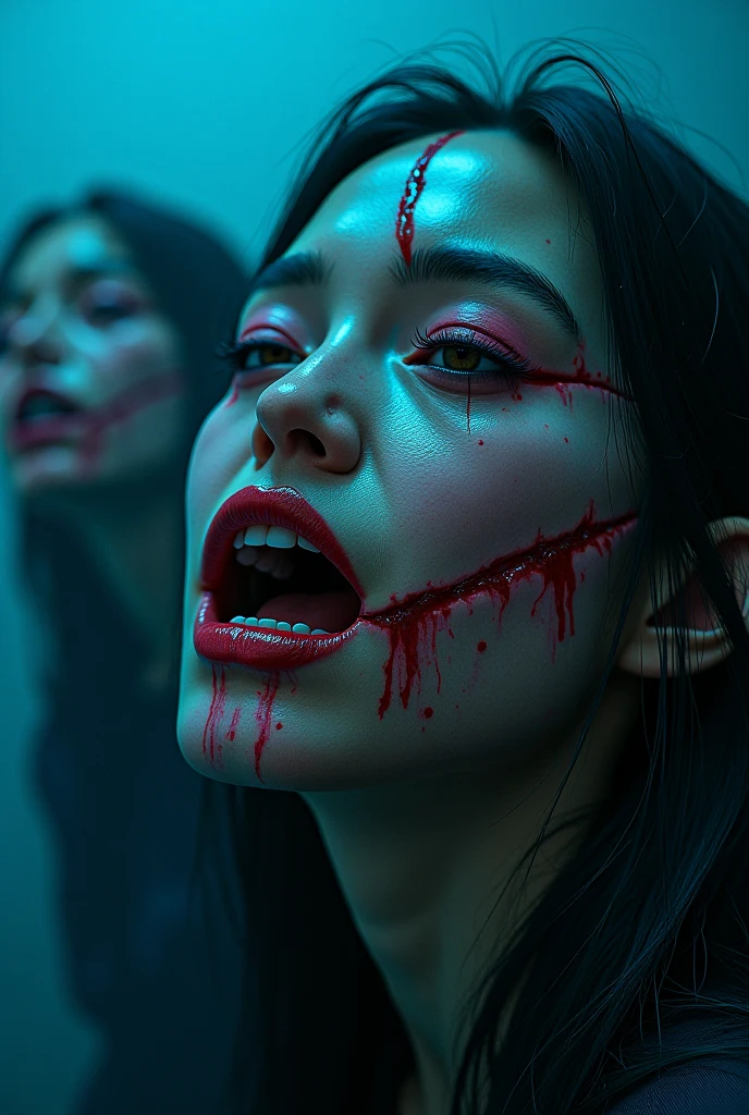 there is a deviant man holding a knife to throat of a geisha with blood on her face, scary, terrifying picture in color, bloody scene, covered with blood, jarring expressions, impactfuly visceral,
covered in blood, with violence, pulitzer prize winning photo, world press photo awarded, violence in her eyes, north korean slasher, by Abdullah Gërguri, cover with blood, award winning press photo, violencia