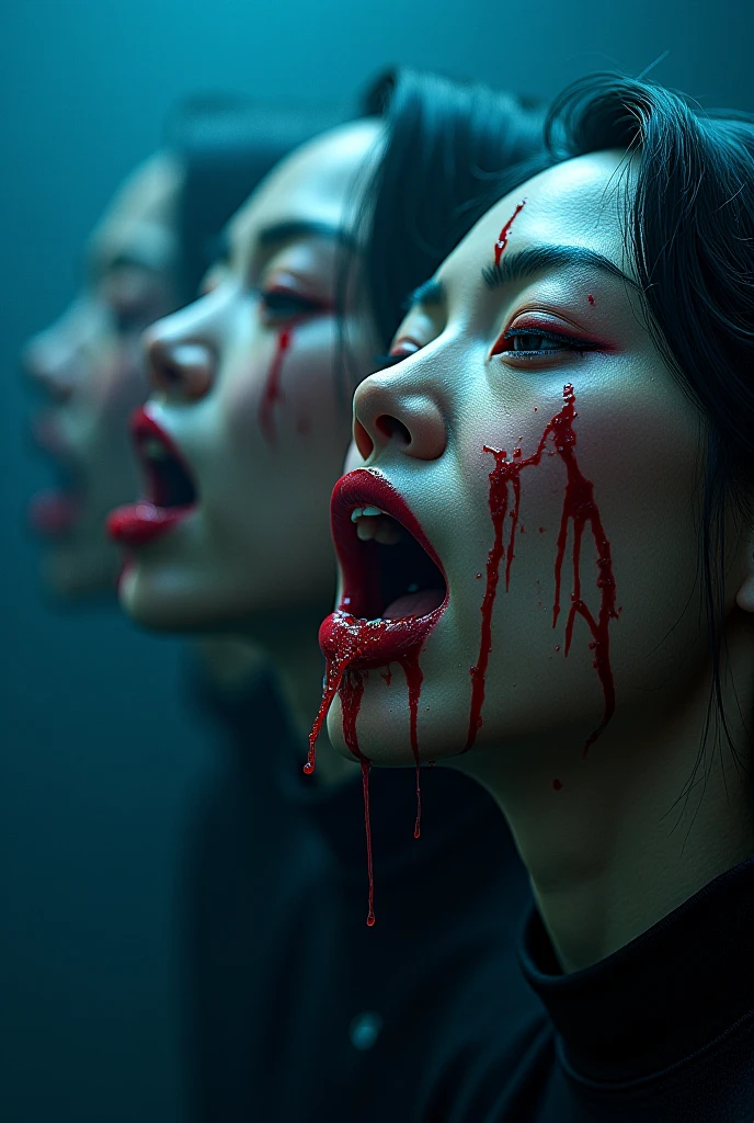 Horror, crazzy, Several decapitated heads of young woman, on a table, in a public market, full of blood, blood flowing, bleeding, photorealistic, 4K, Nikon, horror, Pretty face pale as a corpse, public market, asian face, realistic, hyper realistic