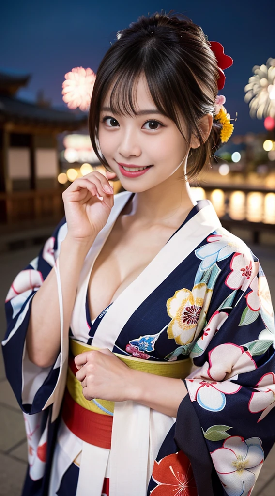 (8k、Raw photography、highest quality、masterpiece:1.2),(Black-haired、Very short hair:1.7),View Audience,Viewed from the front,erotic,White skin,(Wearing a kimono with a colorful floral pattern:1.6)、(Clothing that emphasizes the shape of your chest、Publish one'Skin:1.5)、(Big Breasts :1.4)、Slim figure、Ultra-high resolution,beautiful,beautiful fece,(alone, alone、No background:1.9),whole bodyボディー,(Japanese women),(Photorealistic:1.37)、Photon Mapping,reality、(17 years old、Baby-faced and cute: 1.6)、(Cute Smile: 1.8)、(No makeup、Plump Cheeks、Very pretty face: 1.7)、(round face: 1.9)、Radio City、Physically Based Rendering、Depth of field rally background、photograph, (I can see your knees,Thigh close-up、Short kimono、I can see your pants:1.6),whole body、Super quality
