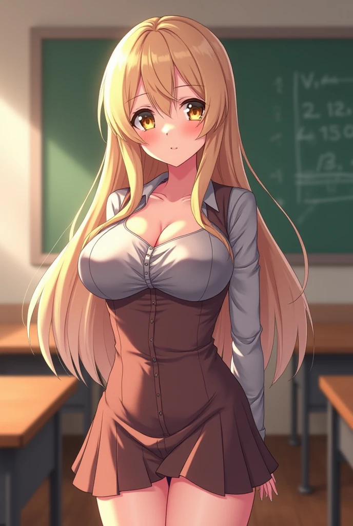 1girl,classroom,longhair,yellow hair,yellow eyes, smile expression,naked,medium tits