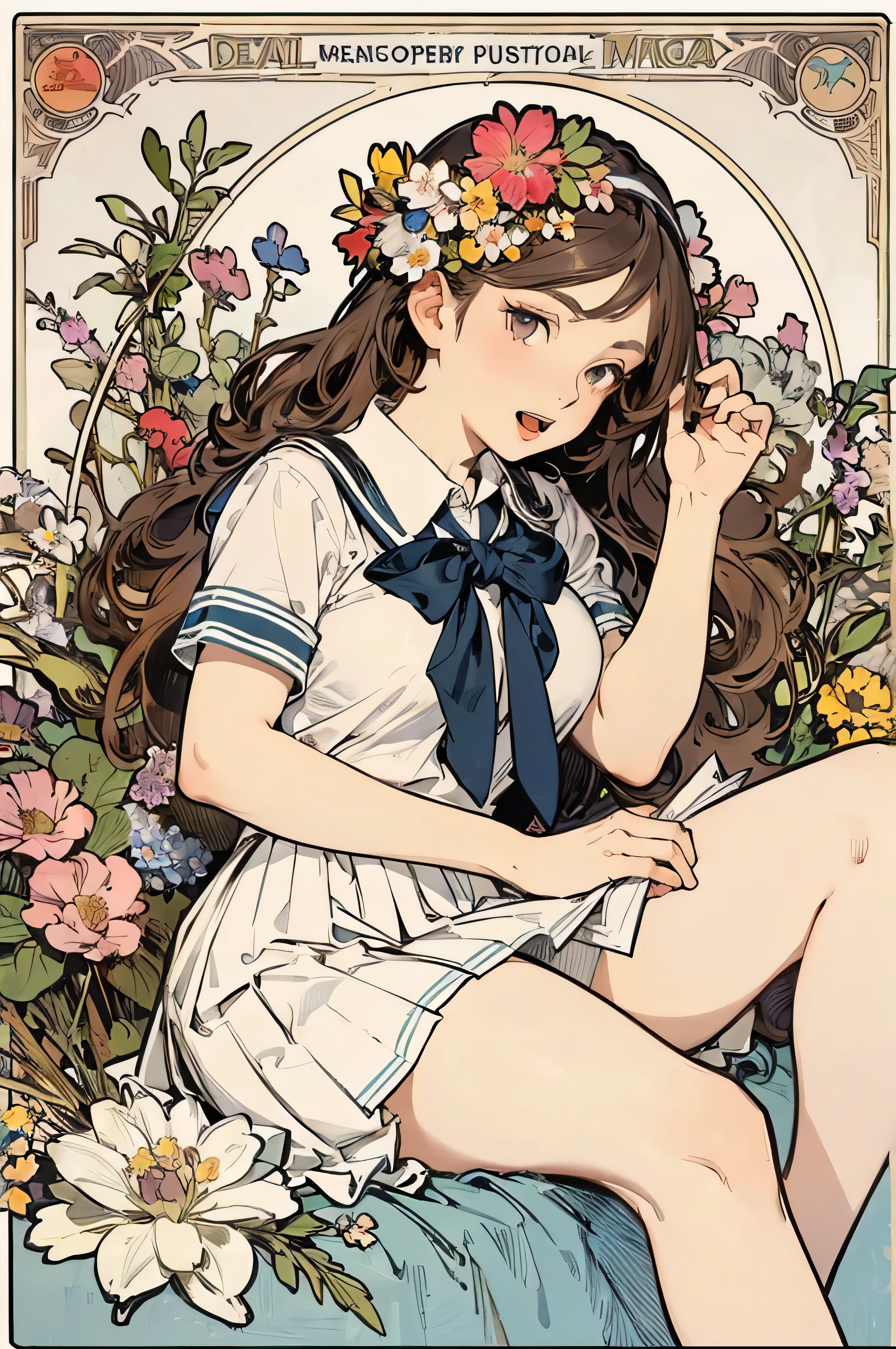 Anime girl with flower crown sitting on a bed of flowers - SeaArt AI