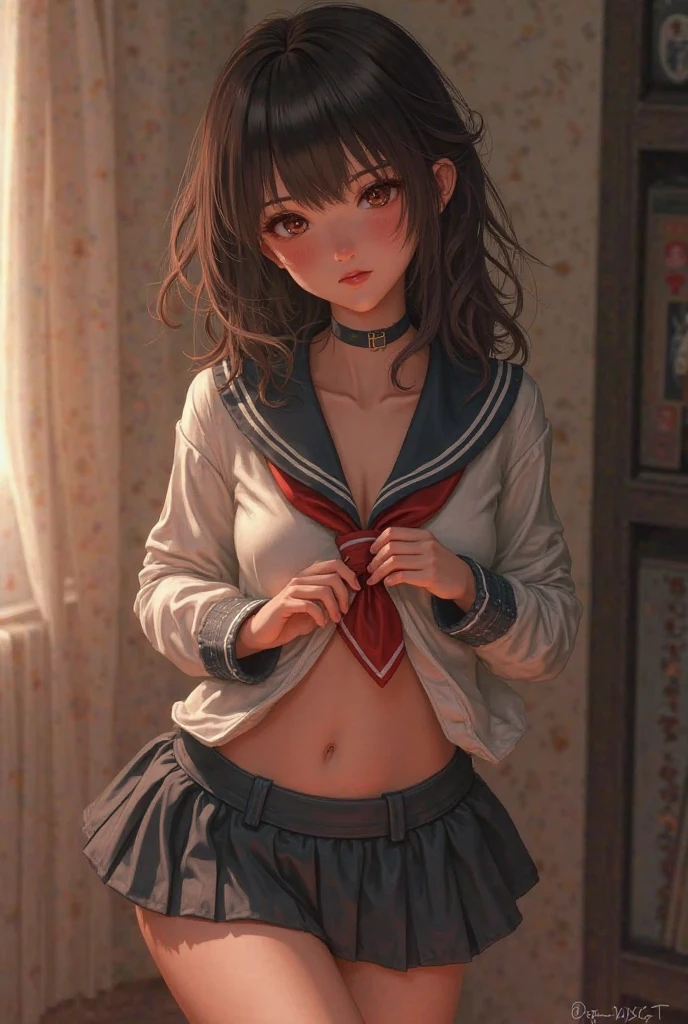 masterpiece, best quality, physically-based rendering, high resolusion, RAW photo, photo realistic,
1 girl, Japanese, best detailed girl, (nsfw),
(()),
dark skin, light brown hair, BREAK blue eyes, BREAK (flat chest:1.5), (big puffy nipple2), BR (clothed pink strapless bra:0.5), BREAK ((clothed white shirt:1)), BREAK side ponytail, flower hair ornament, BREAK (school bag:0.2),
night time,
bedroom, ivory wall, BREAK calm atmosphere, Calm light of proof
wooden double bed, white sheets, BREAK white pillow, BREAK
((lying on back on the bed, spread legs:1.5)),
((c pleated skirt:1.5)), BREAK
(undress shirt, open shirt wide:1.9, bare breasts:1.8),
smile, looking at,
(pov, missionary position, from front:1, from a highlighted,