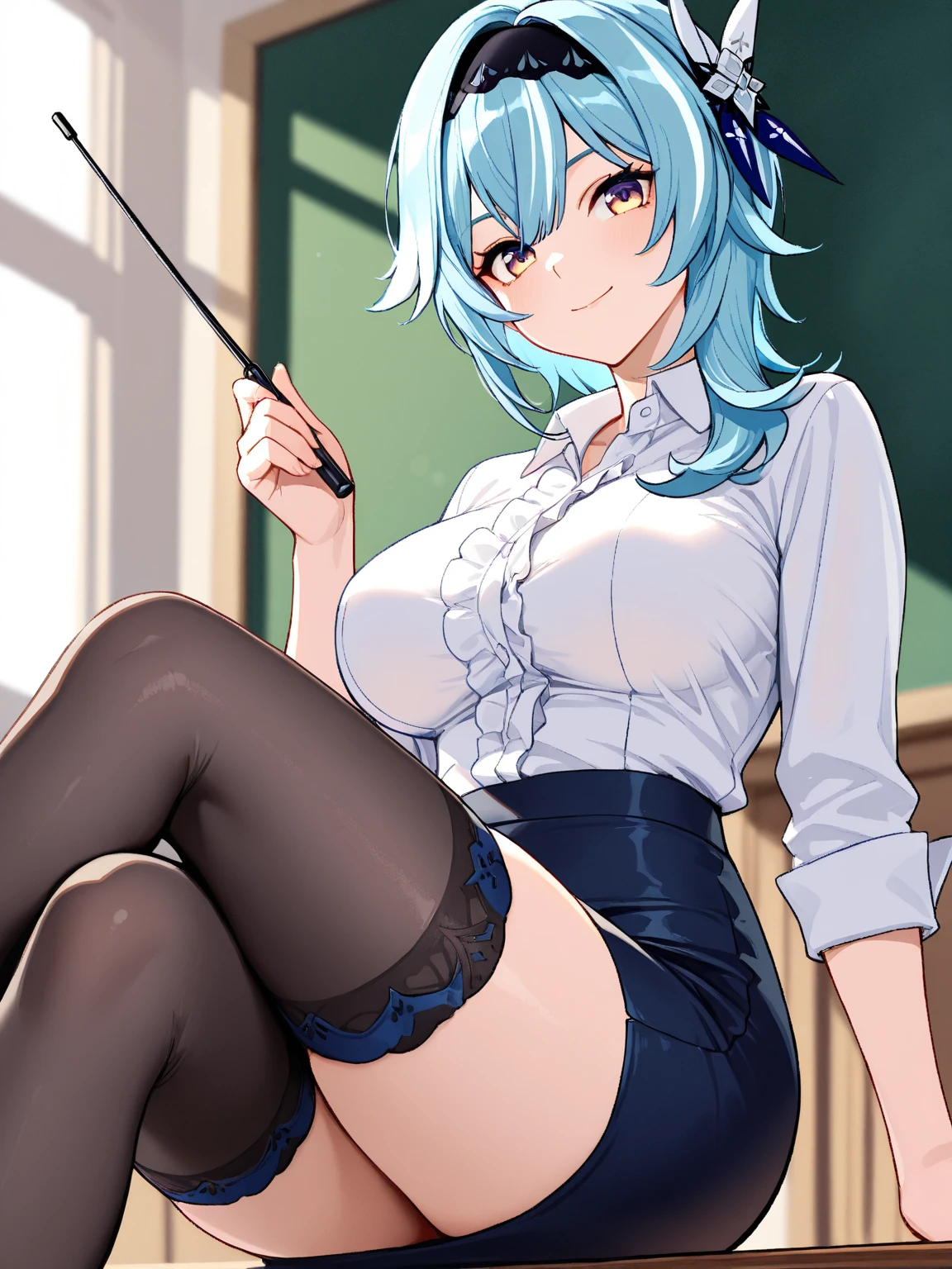Generate a stylish young woman with short, wavy, gray-white hair parted on the side. She is wearing a green slip dress with thin black spaghetti straps and a black scalloped lace trim around the neckline. She has black fishnet stockings on her legs and black and white Converse-style sneakers with red socks. The character's accessories include a simple black choker around her neck and a silver ring on her right hand. The background should suggest an indoor environment, like a cozy room with a bookshelf filled with colorful books and modern decor. Her expression is neutral with slightly raised eyebrows, giving her a calm, casual demeanor. Use lighting that highlights her outfit and hairstyle, keeping the colors vibrant and the setting well-lit.The character should be depicted with a flirtatious expression: a playful smile, slightly raised eyebrows, and a subtle, confident tilt to her head. One hand should be on her hip, and the other hand could be holding a lock of her hair or lightly resting on her chin. She should be leaning slightly towards a woman out of frame, suggesting interest or attraction. Her body language should be relaxed, confident, and engaging. The setting should remain an indoor room with a cozy bookshelf background."