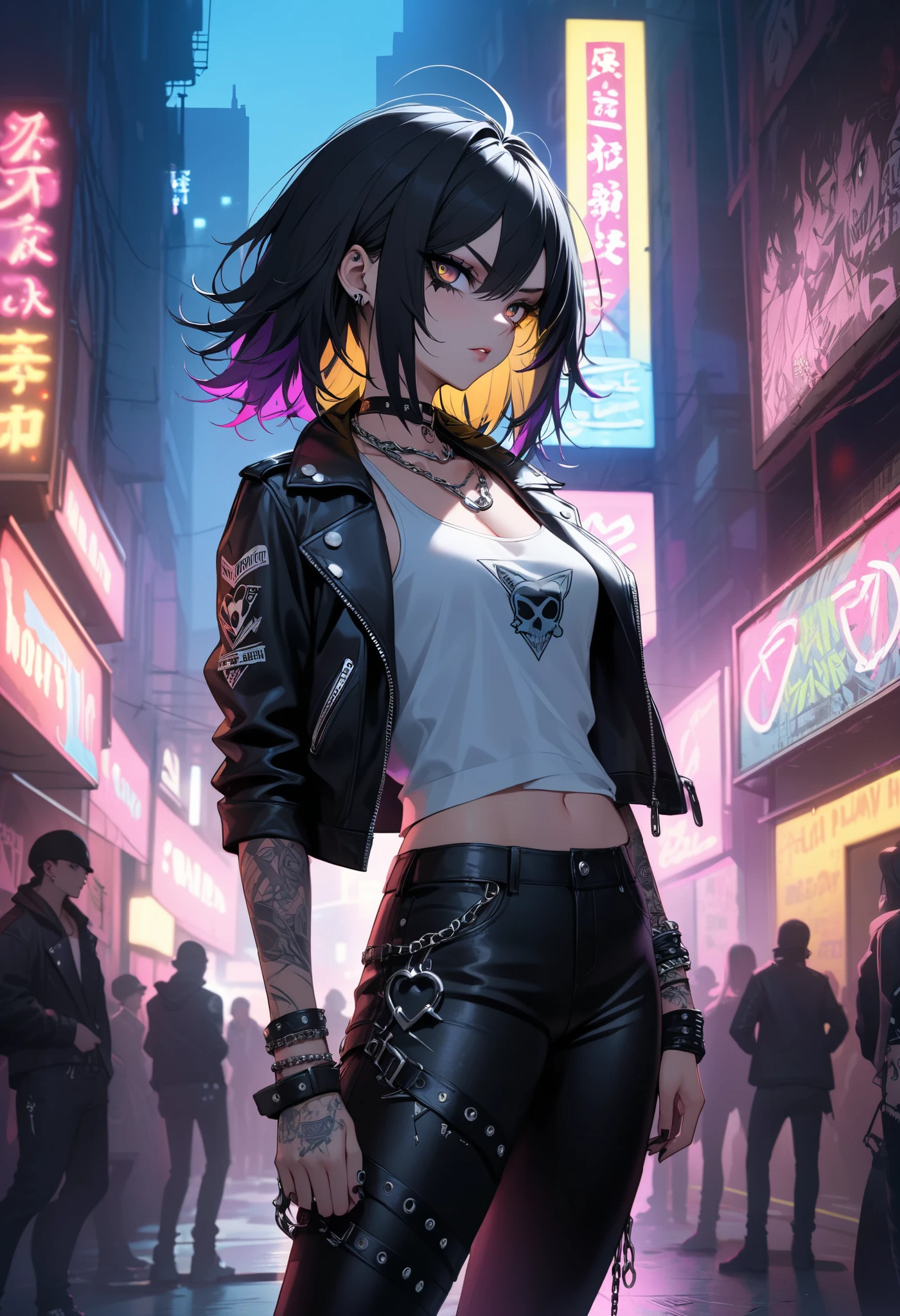 (((Best quality, 8k, Masterpiece: 1.3)), ((best quality)), ((masterpiece)), (detailed), perfect face, perfect body, (detailed skin:1.3), (intricate details), A rising punk rock star with a rebellious attitude, standing confidently on a dimly lit urban stage. She has long, straight black hair that flows down her back, accentuated by bold black eyeliner that gives her an intense gaze. She wears a black leather jacket over a white tank top, paired with black leather short pants that add to her edgy style. A Chrome Hearts choker gleams around her neck, completing her rockstar look. The neon lights from the cityscape behind her cast a dramatic glow, enhancing the raw energy of her presence. The atmosphere is gritty, with a sense of underground music culture, embodying the essence of punk rock rebellion