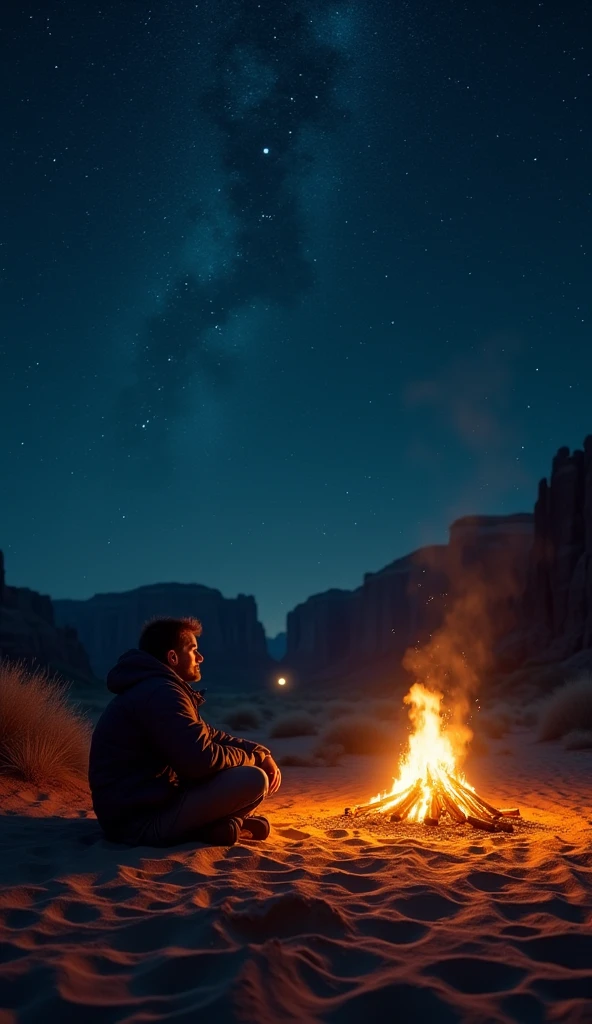 A lonely man sitting by a campfire in the wilderness,Look up at the stars --auto