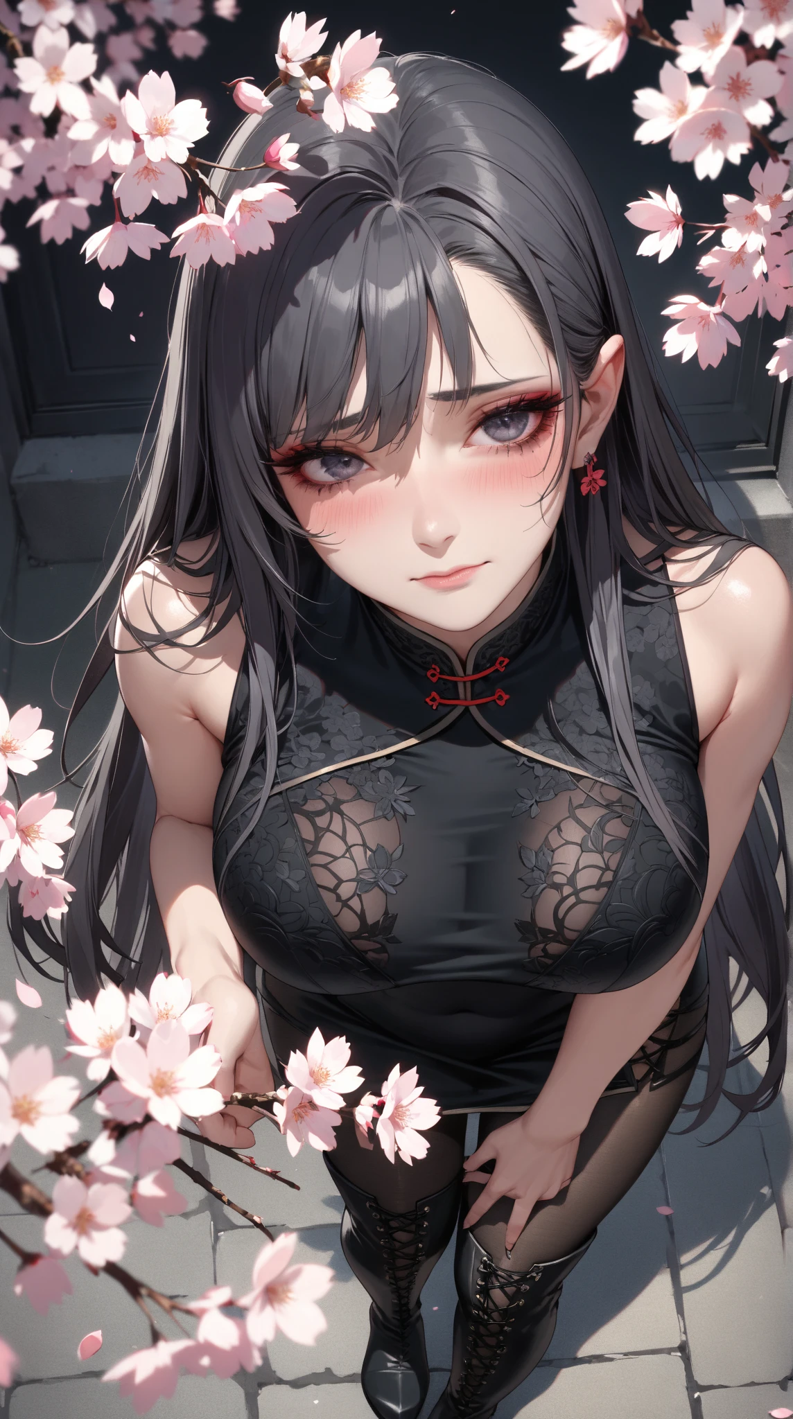 High quality illustrations。A seductive adult woman。With defined eyeliner。Her skin is flesh-colored、She has black hair。Her hairstyle is twin tails with vertical roll curls on each side.。Red eyes。She is wearing a black cheongsam。Have big breasts、She has good style、Blushing and looking happy。Crouching and standing on tiptoes with legs apart。Holding a used condom in one hand.。It has a slit in the chest area.。The front is hidden like a curtain。,(full Blush:1.7)