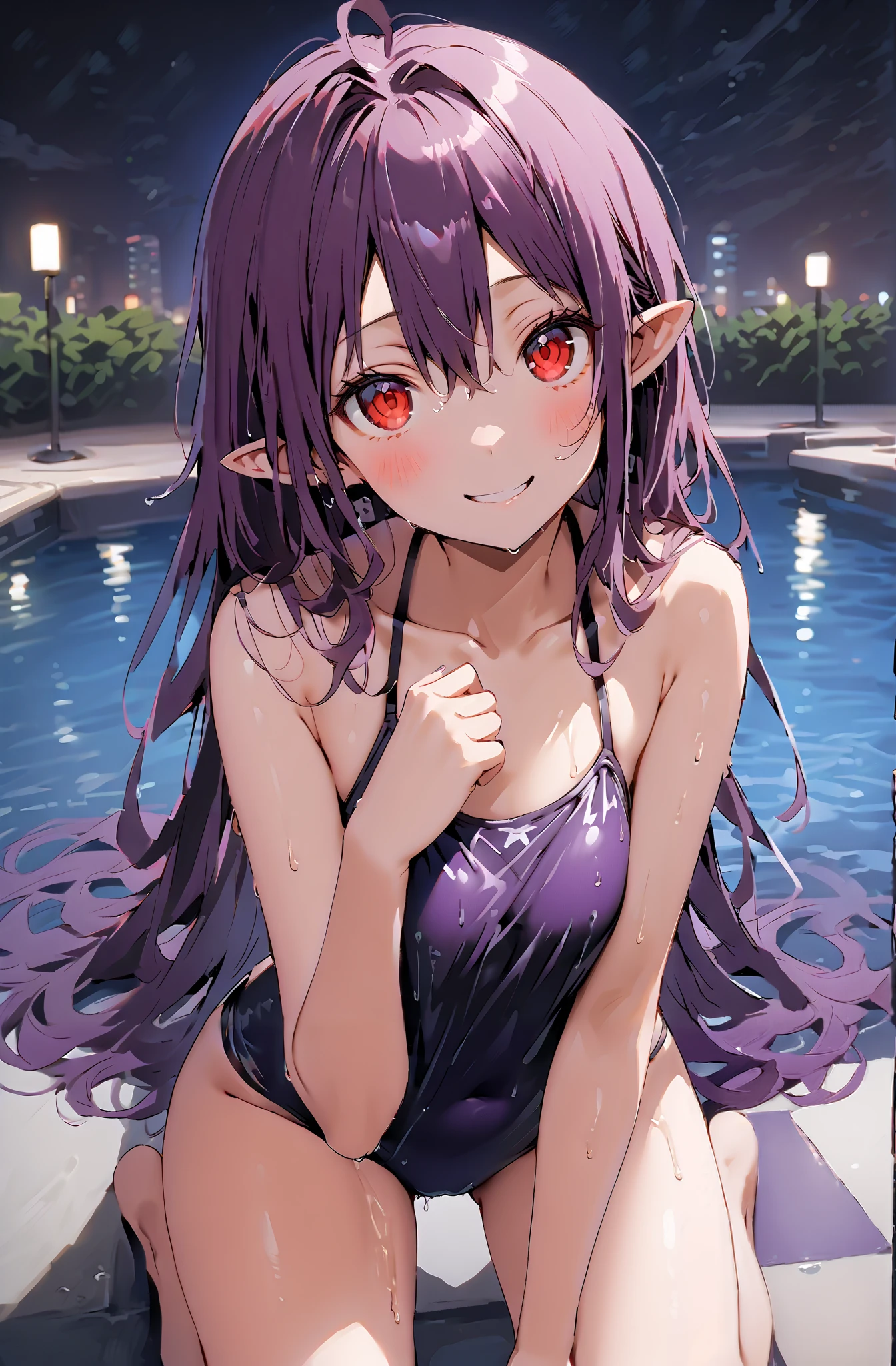 (flat color),((flower)), flower_around_head, ((winter \(season\))), 1girl, solo, bondage outfit, harness, o-ring, cross pasties, , crotch strap, groin, bare arms, ((arms behind back)), , metal collar, light smile, pointy ears, metal_collar, chain, jewelry, bdsm, bound, partially submerged, ripples, water, pool, Christmas trees on the background, Christmas hat, big breasts, long straight purple hair, purple clean eyes,