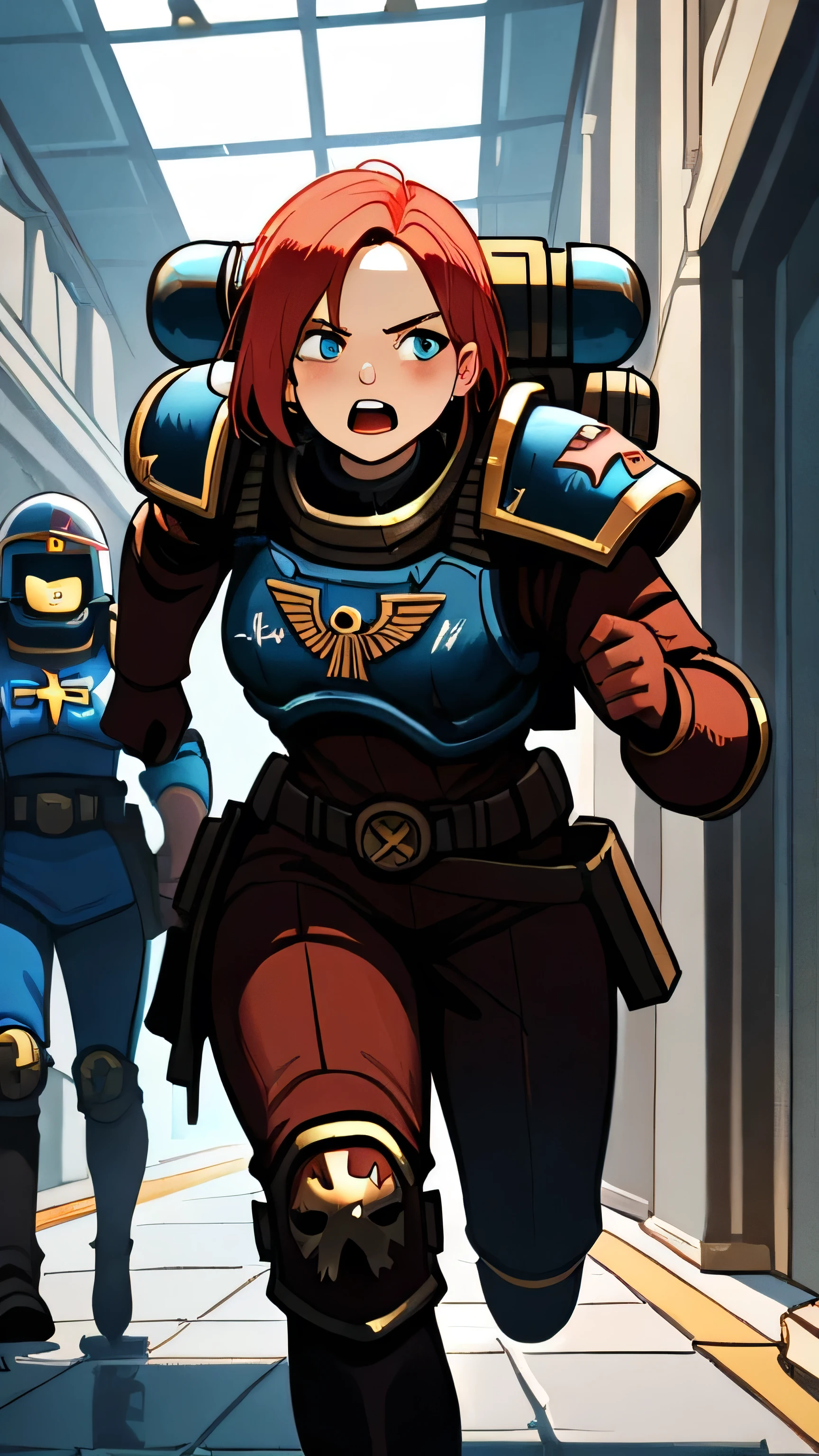 2 Anime girls in warhammer 40k, they are wearing blue space marine uniform, behind the girls space marine soldiers running, full HD format 