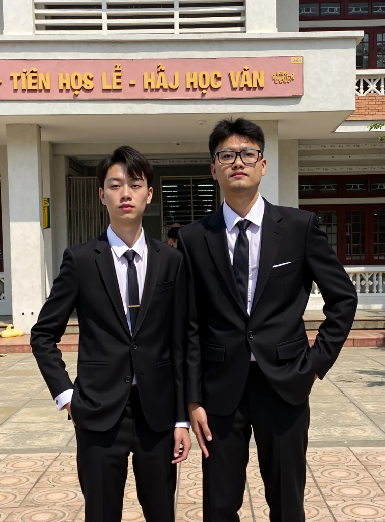 They are two little Chinese boys standing side by side in the city, High-quality photorealistic photos,One of the boys was wearing a suit，Inside is a white T-shirt，Another boy wears a sports dark coat，The face is clear，hair natural，Clear fingers， inspired by Yanjun Cheng,  Ruan Jia and Fenghua Zhong, Two young men, slice, The photo is clear, coloured photo,  in a city square，There are trees，There are buildings，Picture coordination，Light and shadow are natural