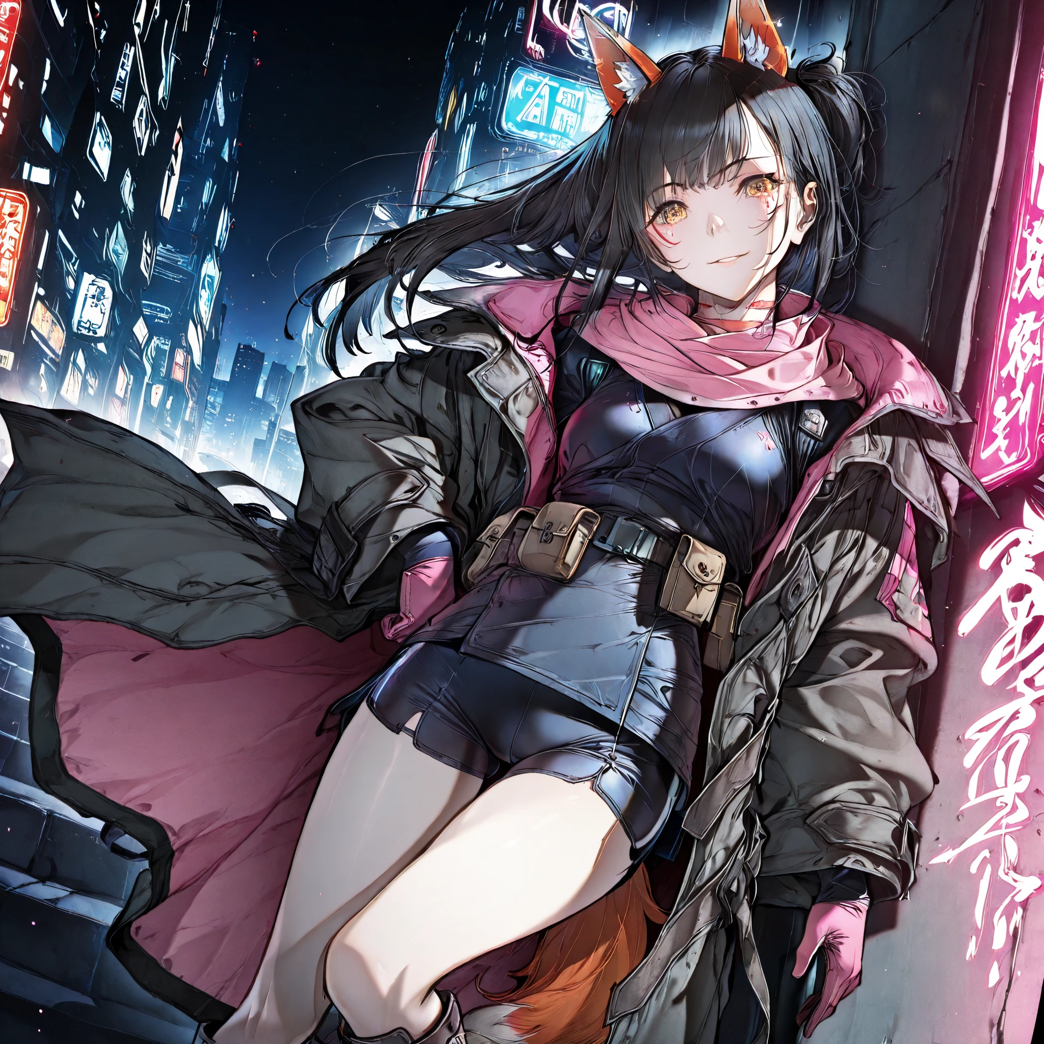 female, a girl, ninja, smiling, looking at viewer, side tail, black hair, golden eyes, medium skin, fair skin, coat, shorts, spats, trunk neck tee, gloves, boots, belt, waist pouch, pink scarf, with fox ears, outside, in the city, at night, cyberpunk, solo, delicate facial features, cute face, baby face
