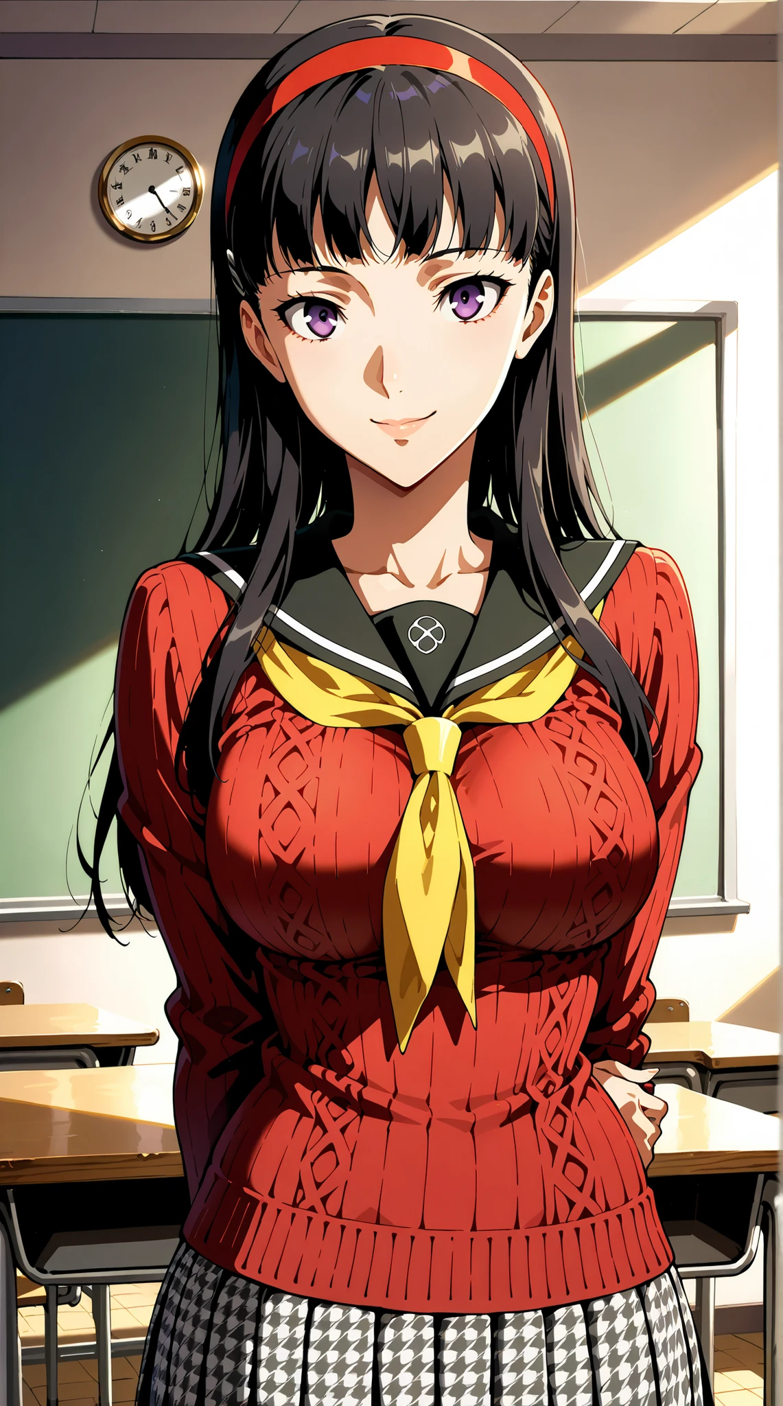 score_9,score_8_up ,score_7_up ,score_6_up ,score_5_up ,score_4_up ,source_anime, clip skip:2,(masterpiece:1.3),(extremely detailed CG unity 8k wallpaper),top quality , amazing quality, high resolution, absurd, very aesthetic, high resolution, (ultra detail), perfect detail ,( beautiful eyes:1.3),(feature large highlight:1.4), 4K, perfect fingers,(perfect hands, perfect anatomy),(Aesthetic Anime Eyes:1.3),(feature large highlight:1.4),beautiful hair,
1 girl, solo, cute face,(upper body:1.3),
p4yukiko, amagi yukiko, long hair, black hair, bangs,
p4yukiko-winuni, yasogami school uniform, school uniform, sweater, red sweater, skirt, pleated skirt, houndstooth,
classroom, standing, looking at viewer, smile, hands behind back,
masterpiece, best quality, ultra detailed,