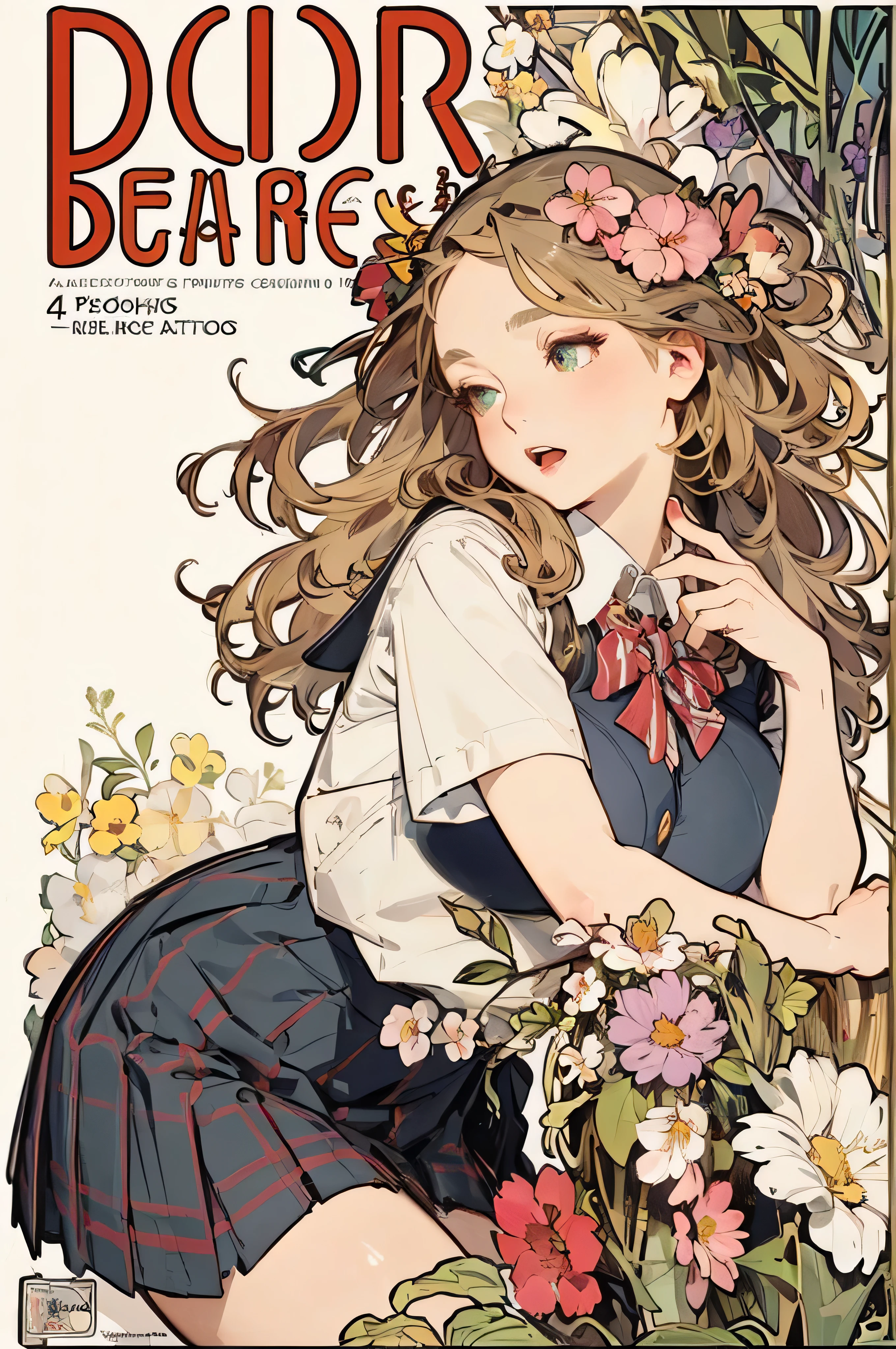 ( poster, cover :1.4), (by alphonse mucha and rossdraws:1.2),(art deco, Floral Art, botanical art), (floral:1.2), Depth, flat Shading, thick pen outlines:1.4, (many colors, vibrant colors,colorful),
masterpiece, ( top quality), ( ultra high resolution), (white circular background):1.2, landscape,
depth of field:1.4, intricate details, Detailed detail flowers,

break,

closeup, girl on a flower covered ground:1.4, lie down, solo, legs up:1.2, Detailed hips,:1.4, (Big Breasts), 
(plain School uniform:1.4), White Lace :1.4, (open mouth),

bare thigh, forward hips,:1.4,
