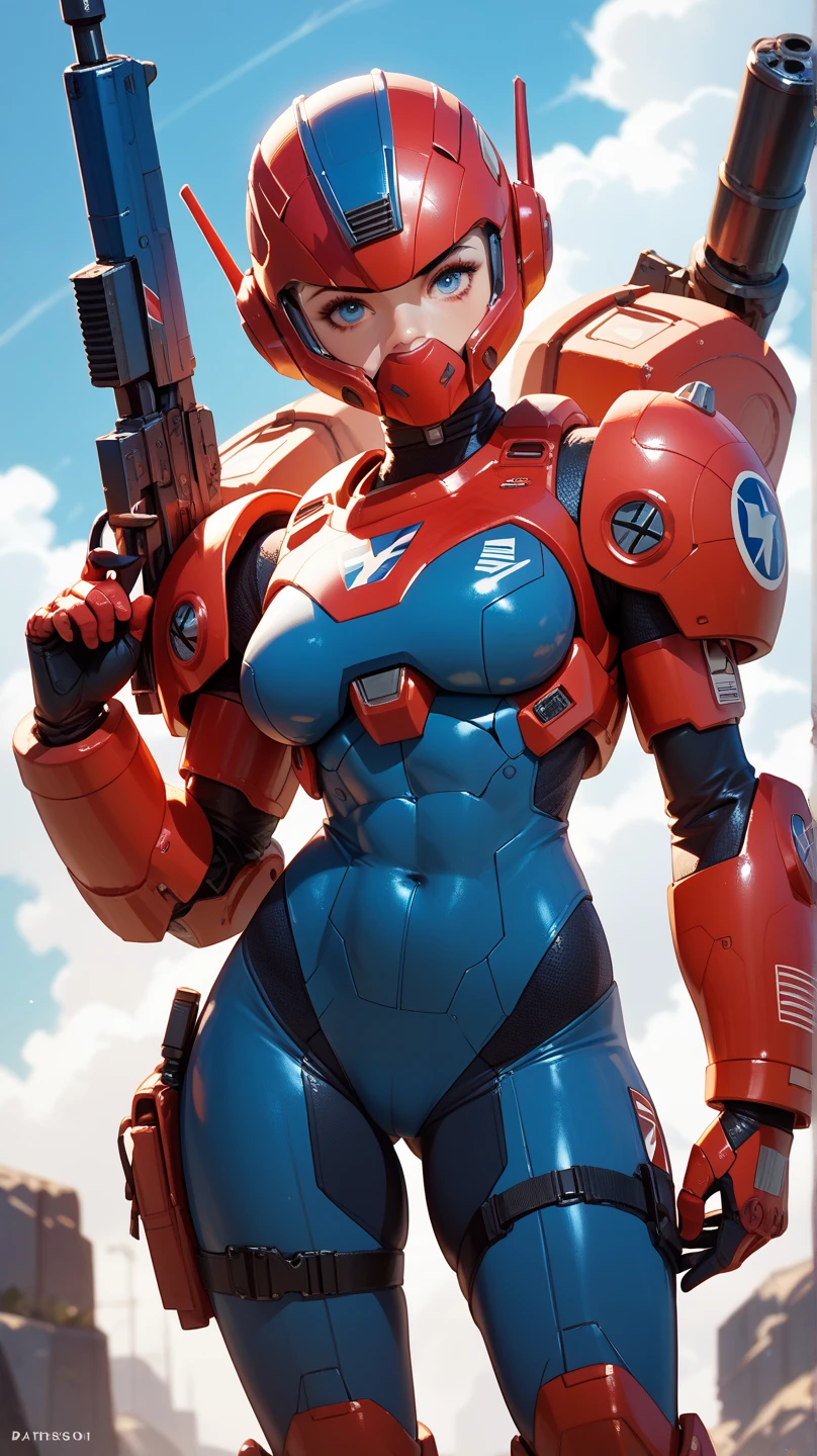 (((Simon Bisley))), Mature woman 35 years muscular beautiful, (((full body)))), , giant robot pilot, wild with perfect body, bare thighs, blonde hair, wearing little clothing, dark blue clothing with white stars, red with white stripes, tiny thong, hoarse with the colors of the United States flag, sensual pose, pose with attitude, add movements, large breasts, technological scenery