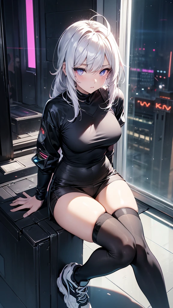 Lucy from cyberpunk, raining, foggy window, rain on window, looking out of window, casual clothes, thick thighs, sitting down