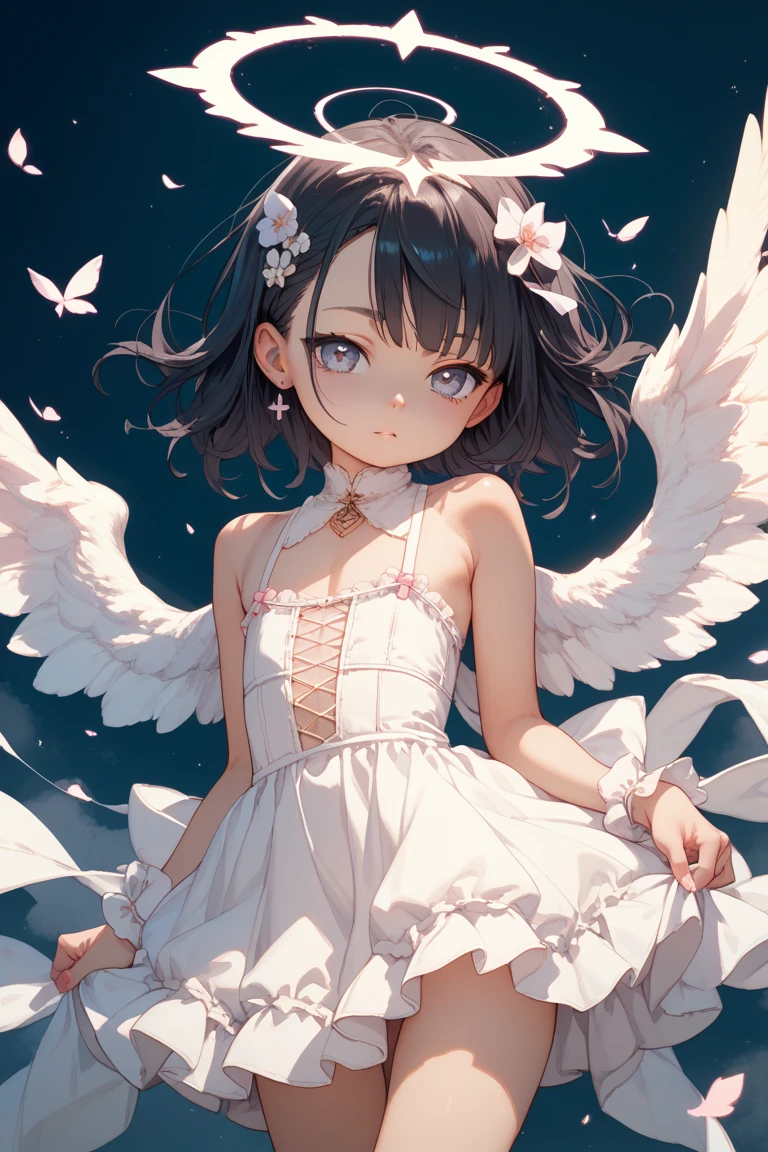 masterpiece, best quality, high-resolution, finely detailed, extremely detailed and beautiful, distinct image, 1 girl, solo, beautiful young teenage girl, 13 years old, tanned white skin, silky thigh-length negligee sleepwear, short shoulder length hair, sleek dark violet-black hair, Pixie cut hair, big round velvet colored eyes, fringe bangs over forehead, oval shaped face, sharp facial features, high-bridged nose, full cherry pink lips. medium height(172cm). D-cup breasts, small narrow waist. small delicate curvy hips, large round ass, hourglass figure, slender and slim build, standing upright, full body picture, hip-level shot.