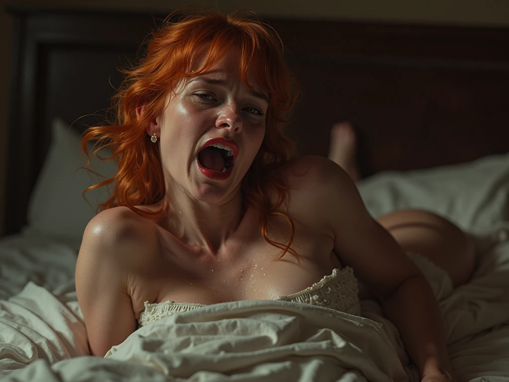 A scared naked girl, lying on the table, looks very enjoyable, x files style, looks depressing, high quality, ultra-detailed, crazy details, 4K