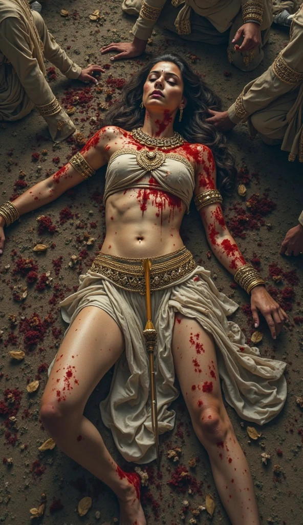 night darkness shadow storm, ancient egypt temple on fire, ancient egypt empire raw sacred priestess wounded, shaved hairy, the body wet red paint dirty covered with a lot of red blood scratshes scares, the hood big covers the face, hairlong, fog smoke, the cloak long lace, one breast hidden