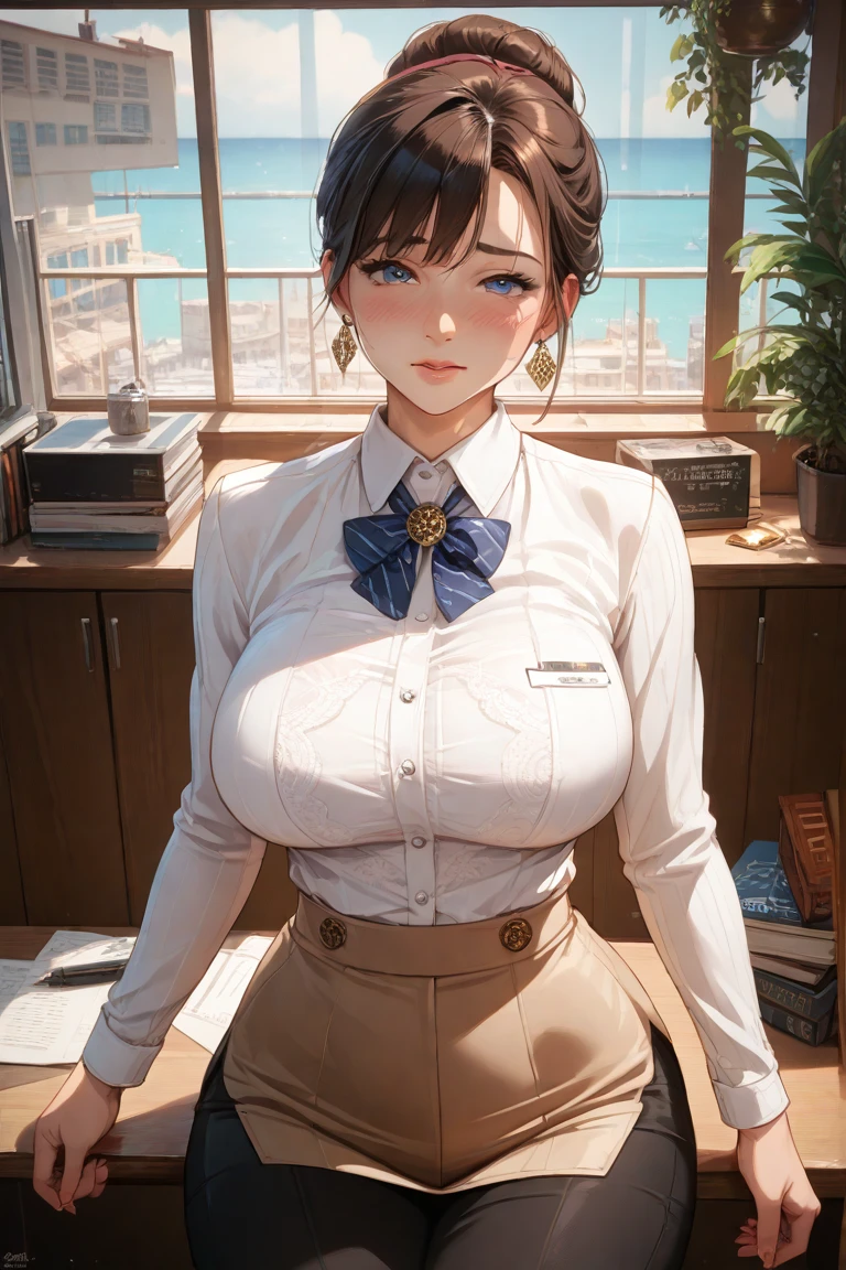 Highest quality、High resolution、Detailed Background、(Beautiful face in every detail:1.4)、Anatomically correct、(Normal number of fingers:1.2)、Highly detailed face、(Detailed eyes:1.2)、Teenage beauty、(Huge breasts:1.2)、Perfect body line、Light color hair、Braided bob cut、ponytail、Wavy Hairstyle、well-groomed eyebrows、Glasses、Sailor suit、JK Uniform、Pleated skirt、White Stockings、A big smile、blush、Accentuate your cleavage、Accentuate your breasts、
(The button on her uniform is broken and her breasts are spilling out:1.5)、(View from below of a girl sitting at a desk:1.5)、(Underboob:1.3)、Panty shot、cute