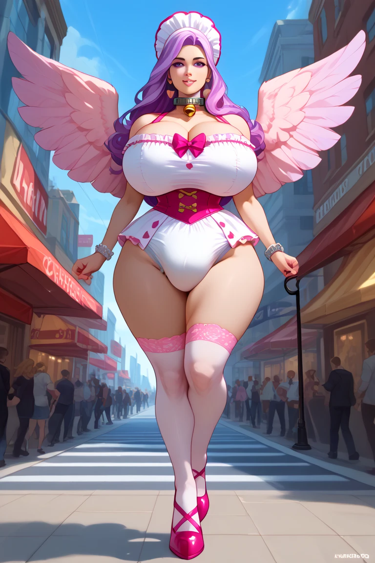 african goddess jiggly fat round belly voluptuous body, from below, 1girl, solo, glow, heterochromia eyes, really curly hair, dark skin, round belly voluptuous body, frills, ribbons, floral embroidery, neon rainbow stockings and long gloves, cute neon rainbow panties with embroidery, choker, wearing a neon rainbow garter belt, ripped costume, (masterpiece, best quality),(feathered angelic wings:1.2), skyline, buildings, city, cloudy red sky, \(machine\), dutch angle, from side, light frown, looking at viewer, outdoors, rooftop, sky, skyscraper