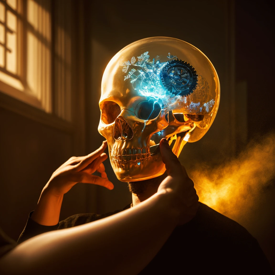 : "In a dimly lit, chaotic laboratory, a mad scientist stands at the edge of a glowing, eerie pond filled with floating brains. The scientist, with wild, unkempt hair and a lab coat splattered with mysterious substances, carefully lowers a fishing line into the pond. His face, twisted in a mix of concentration, pleasure, and diabolical intent, is illuminated by the soft glow from the brains. In the background, a half-assembled futuristic cyborg lies on a metal table, its exposed circuits and mechanical components intricately detailed. The cyborg's head is open, revealing a network of wires and connectors, ready to receive the freshly caught brain. The entire scene is a fusion of dark humor and high-tech horror, with vivid details highlighting the scientist's twisted satisfaction as he prepares to complete his monstrous creation.