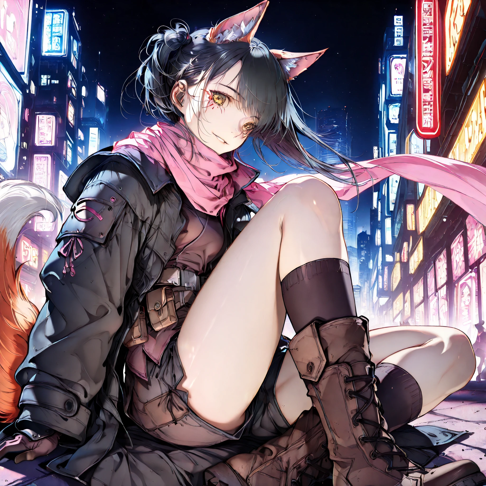 female, a girl, ninja, smiling, looking at viewer, side tail, black hair, golden eyes, medium skin, fair skin, black coat, shorts, knee socks, gloves, boots, belt, brown waist pouch, pink scarf, with fox ears, outside, in the city, at night, cyberpunk, solo, delicate facial features, cute face, baby face