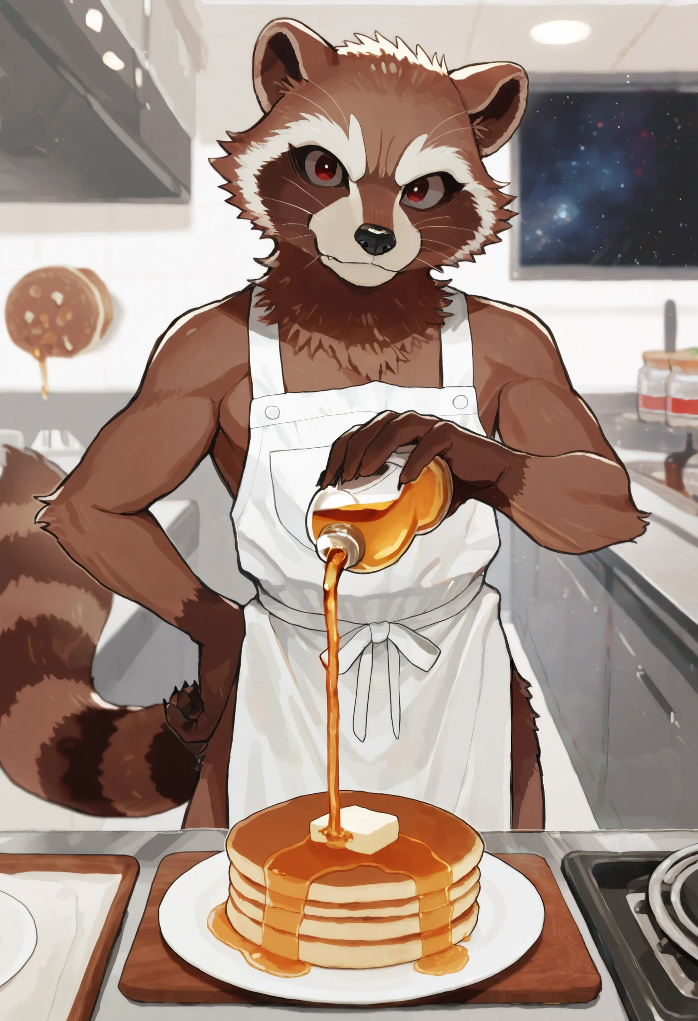 (soft shading), 4k, hi res, ((detailed face, detailed, Best quality, masterpiece, detailed anatomy, detailed eyes, perfect shading)), by K0BIT0WANI, by K0BIT0WANI, by Bebebebe, 1male, Rocket Raccoon, dark red eyes, brown furs body, skinny chub body, tail, white apron, in the space station kitchen, standing up, pancakes on the table, looking at viewer, holding the bottle of honey in right hand, pouring honey falling on top of the pancake