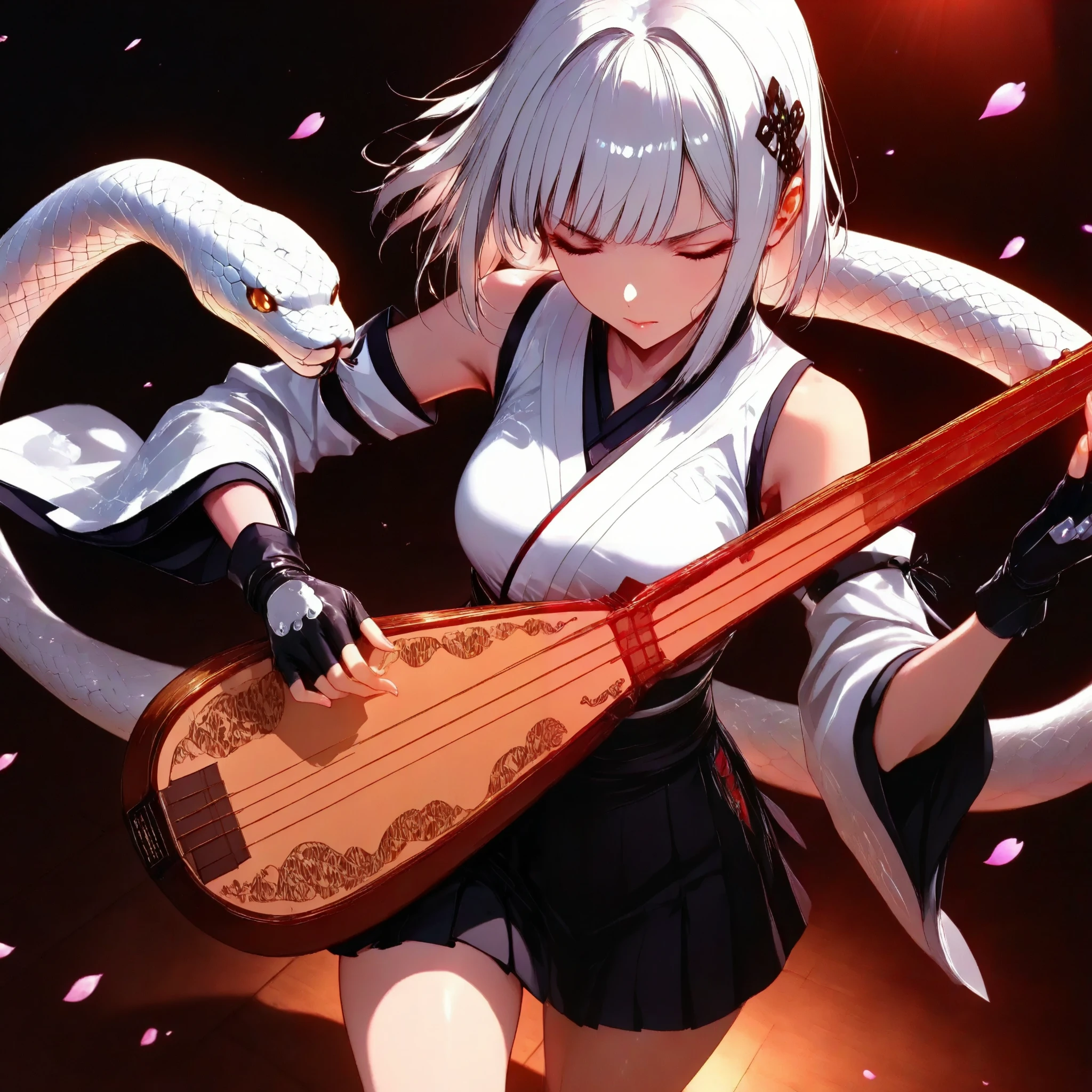 cowboy shot,from above,(masterpiece, detailed:1.2),Live venues. Stylish lighting.One foot on the amp.hand
lute \(instrument\). Active angle. Dynamic composition, edge lighting.Fingerless gloves. Sleeveless.
playing instrument,heroine,white hair,Simple anime Style,anime,. Anatomically correct hands.
holding instrument,XUER guangying,engraved,xss,, beautiful thighs. . Intense performance.
japanese clothes, Petals dancing in the air.
kimono
white snake
Benzaiten and white snake