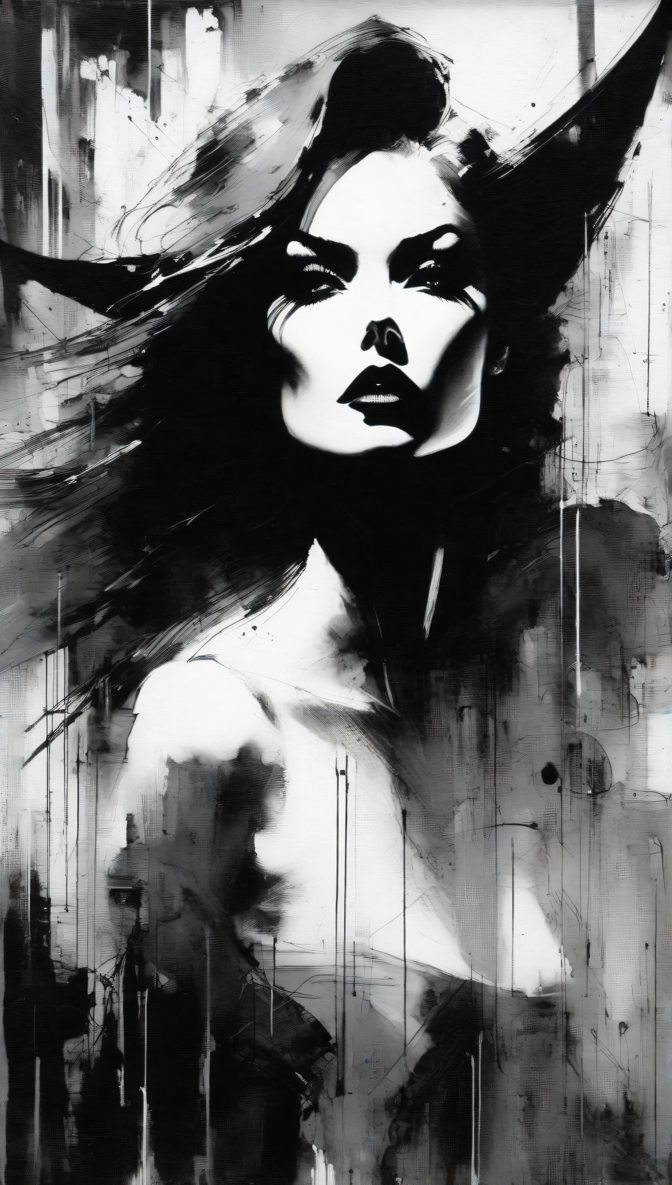 girl with long black hair, in a miniskirt, bare breasts, very sexy, black and white image (((holds a sign with the text: "END"))) (simple oil painting in a style to Bill Sienkiewicz)
