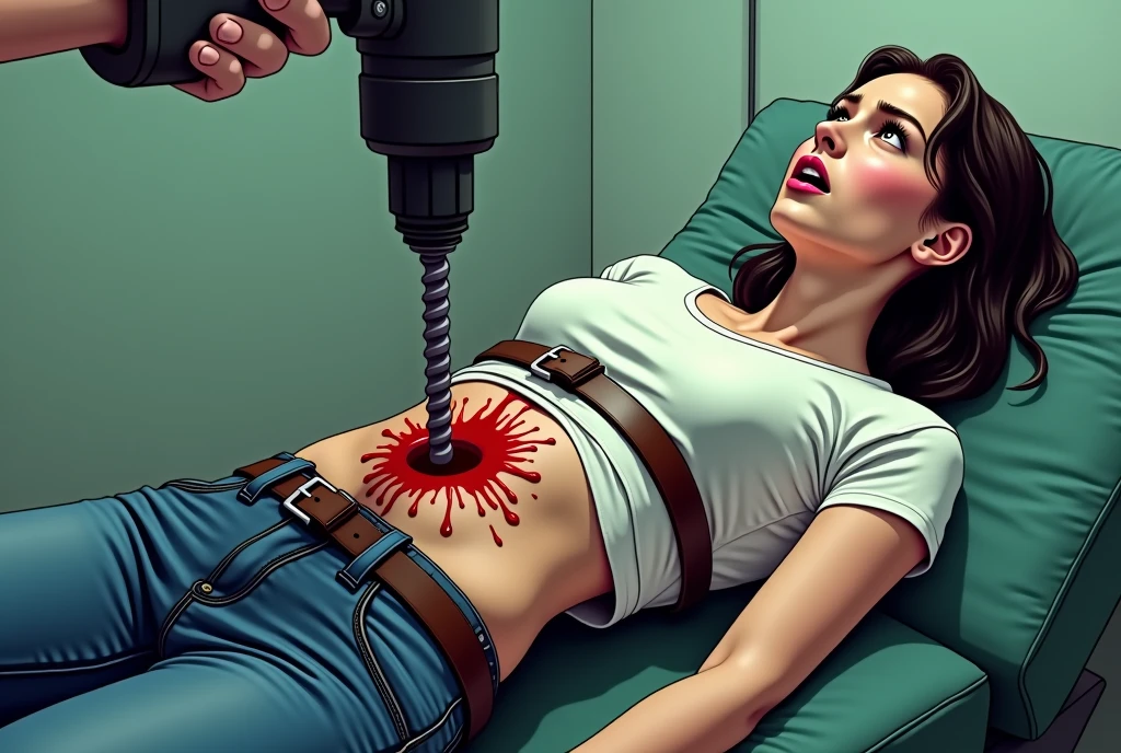 RAW photo, full body character portrait, 1girl, awesome, adult, (tickling, tickle, ticklish, tickled torso by mechanical hands, torso grab:1.1), <lora:Concept_Tickling_beta:0.75>, lying on table, (strapped to table, bound:1.3), <lora:StrappedToTable0_0:0.95>, ponytail hair, wears shorts, crop top, in hospital lab, soft lights, restore face, smile emotion