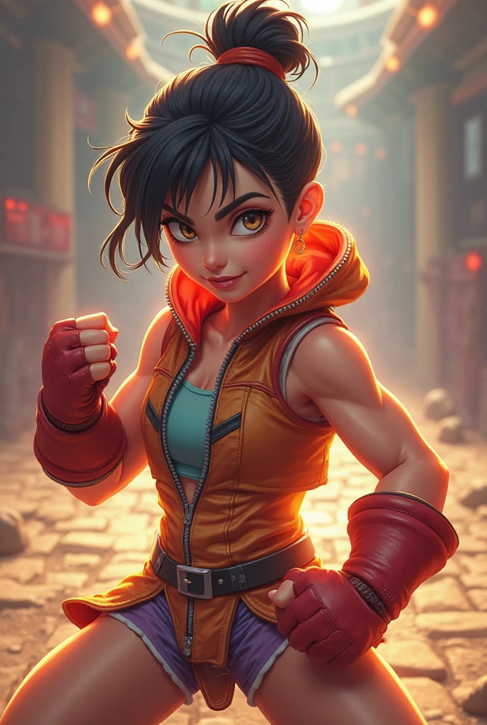 (Masterpiece, Photorealistic, Girl Videl from Dragon Ball GT, Detailed, Full body view, Short curly hair, White micro camiseta, Short obscure gloves, Obscure micro shorts, Sports shoes, Light smile)
A masterpiece photograph of Girl Videl from Dragon Ball GT. Her vividly detailed features are captured in the highest photorealistic quality. With her short curly hair framing her face, she wears a white micro camiseta that accentuates her slender figure. The obscure shorts and gloves matched with sports shoes complete her outfit. A light smile graces her lips, adding a playful touch to her strong and determined demeanor.