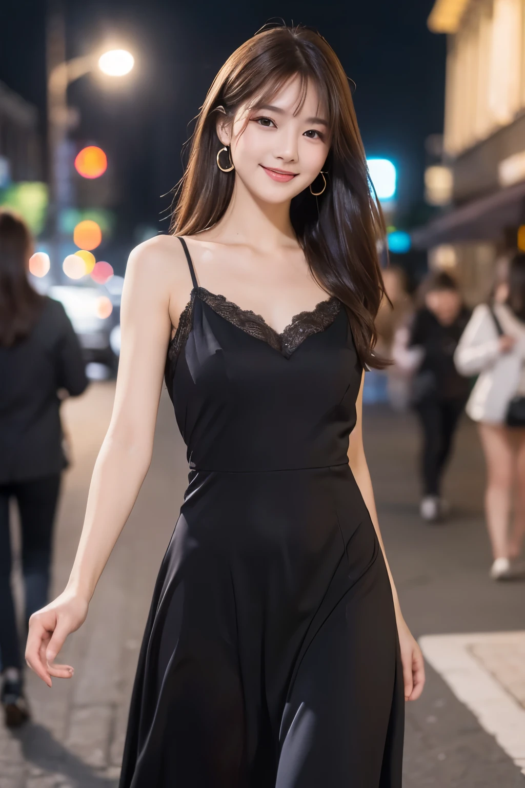 ((best quality, 8k, masterpiece :1.3)), 1 girl, smiling, whole body, face slimming, pretty Woman, (Dark brown hair), full length dress :1.1, Super detailed faces, delicate eyes, double eyelids, blurred background, face slimming, City, external, street,