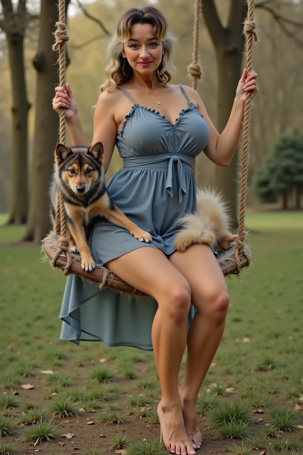 Best quality, masterpiece, ultra high res, in a rose garden, (photorealistic:1.4), squatting, a beautiful woman,),(( knitted mini thong)), (knitted purple shirt), (with a little puppy), cleavage, squatt, hugging a small dogs, cute dog, dog lover, visible cameltoe, big breast, camel toe, pubic hair, curvy waist, slender abs, shiny white skin, smooth hair, seductive smile, bokeh, bottom view, open legs, focus on the pants