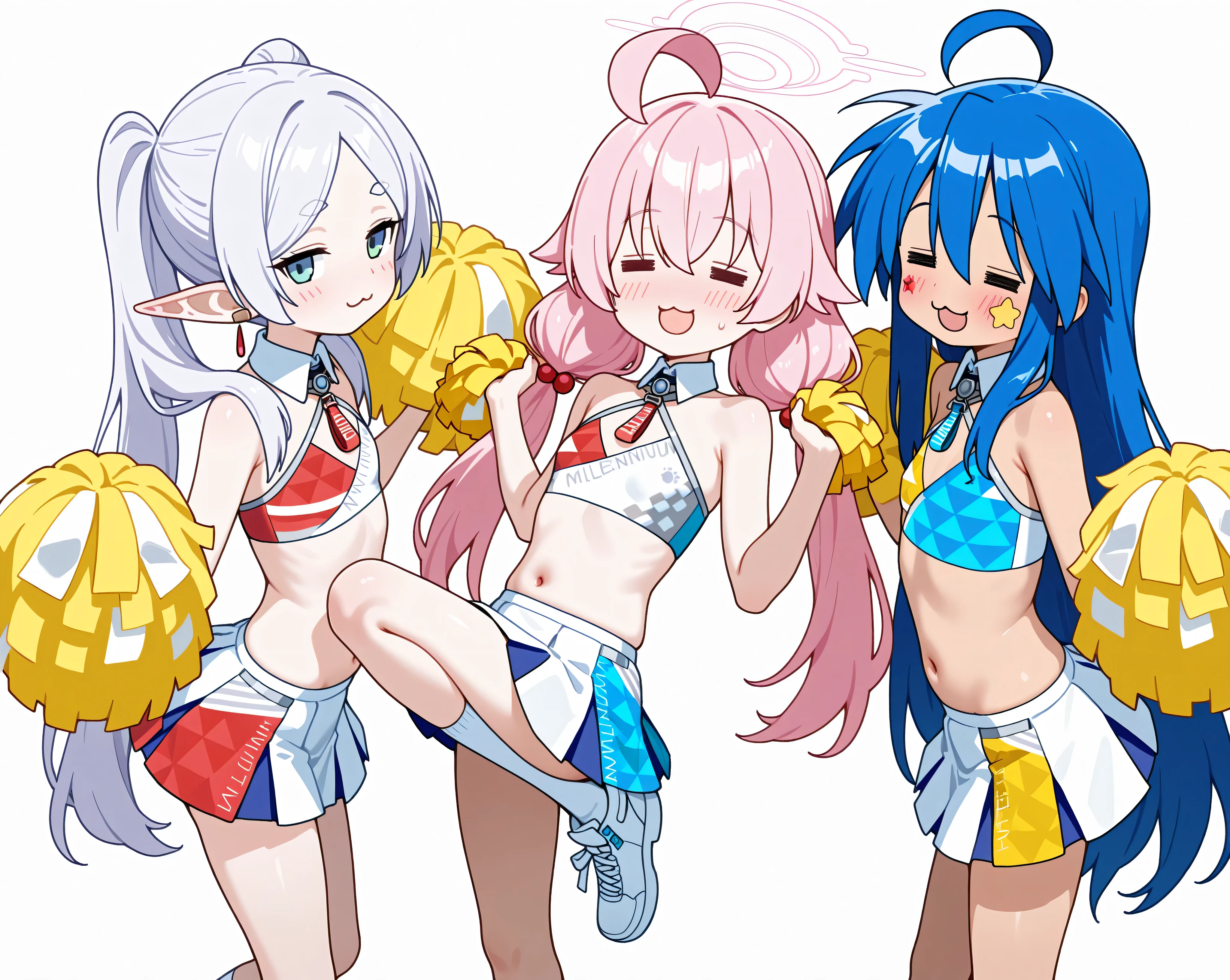 3girls,yuri,nsfw,(=w=, :3, = =, eyes closed),Izumi Konata,frieren,Takanashi Hoshino\(blue archive)\,twintails, {upper body}, {bishoujo}, small chest, millennium cheerleader outfit (blue archive), knee high socks, white socks, one leg up, standing, navel, bare shoulder, bare arms, holding pom pom (cheerleading), looking at viewer, :d, yellow star sticker, sticker on face, blush, from side, simple background, white background