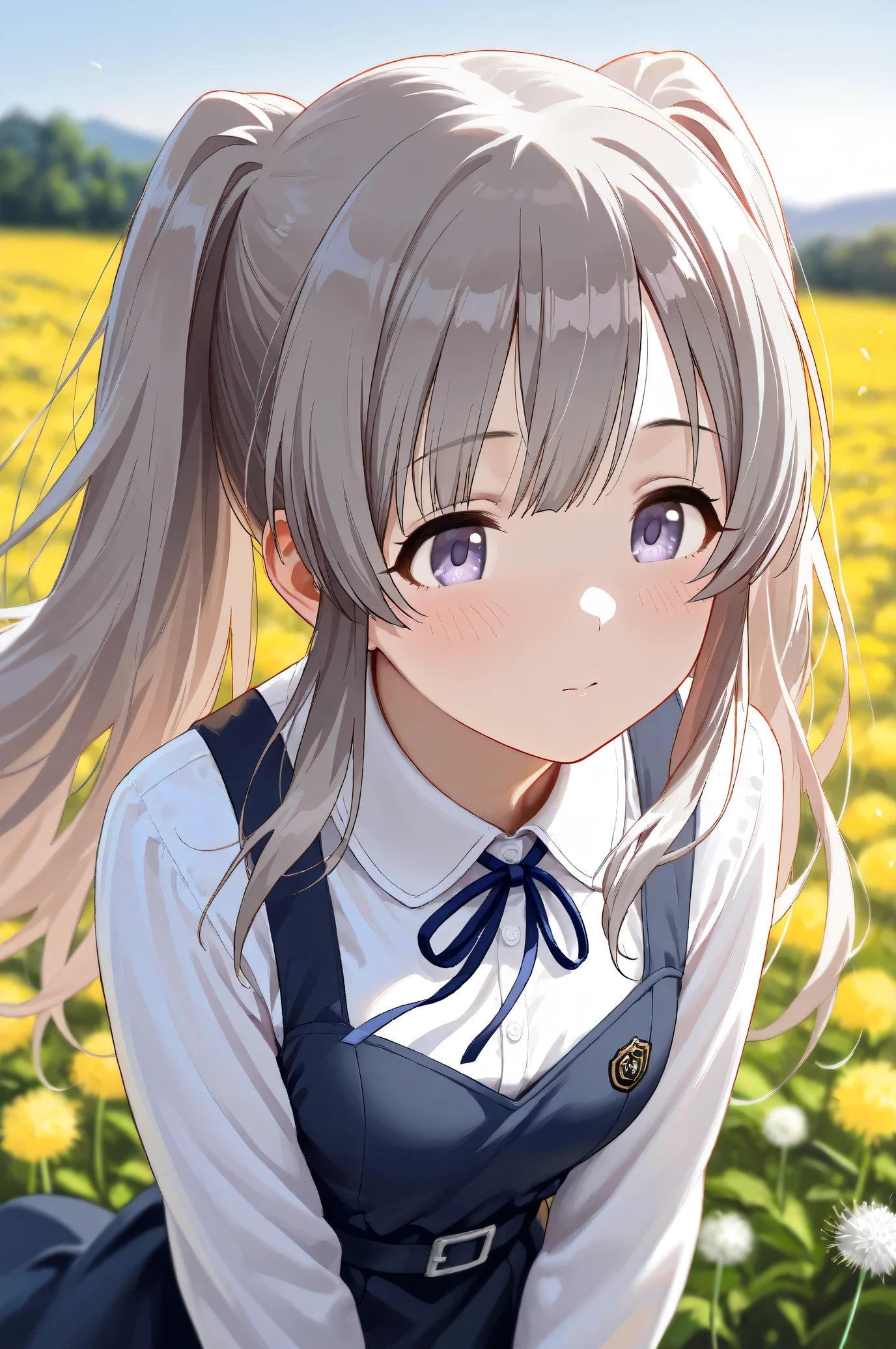 (Masterpiece), (Highest quality), (Very detailed),
(The best shape), (Best Shadow), (Absurd),
(Detailed background), (So beautiful), Shiny ,
Beautiful eyes in every detail, Extraordinary, Countershading, 8k, 32K, High resolution,
Very Detailed CG,
Score_9, Score_8_up, Score_7_up, Source_anime,
(Pastel painting:1.2), (Watercolor painting:1.2),
(Masterpiece, Detailed:1.2), (Foreshortening:1.2),
Cinematic, Dramatic, (Depth of field:1.4),
(Blurry background:1.4), (Realistic background:1.4),
(foreshortening:1.3),
Dynamic angle,
1 girl,
Outdoor, Nature, Flower Field, Wind, (Dawn:1.2),
Dandelion, Dandelion fluff,
Yukoku Kirino,
the idolmaster shiny colors,
yukoku kiriko, Twin tails,
school uniform,
white shirt, collar shirt, slateblue ribbon, Long sleeves shirt,
One-piece dress, slateblue one-piece dress, belt,
portrait, close up shot, squat,
(Blush:1.3),
Realistic skin,
Shiny skin,
Focus on face,