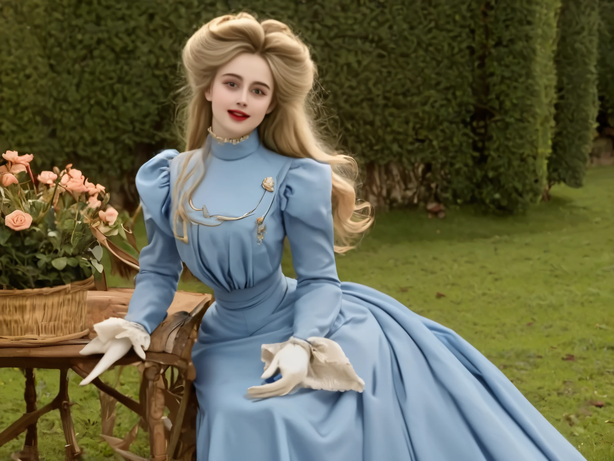 Alice as a slutty yo blonde English lass (((flirting with a horny 70yo pervert in 1901))). 1900_dr3ss. High-collar blue gown with long sleeves, wide-brimmed hat fully topped with flowers, ribbons and plumes, white gloves, waistband, petticoats, silk stockings, buttoned ankle boots. Long blonde hair, pale complexion, big eyes, coquettish smile, red lips, thicc shapely legs. 1901. Edwardian setting. Estate background. 1girl. (((Anatomically correct, Male POV)))