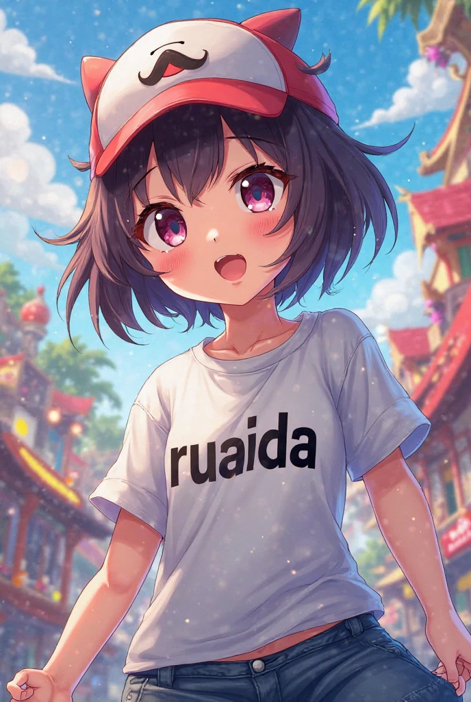 Create a picture of SUZUME for me with the words RUAIDA written on his T-shirt.