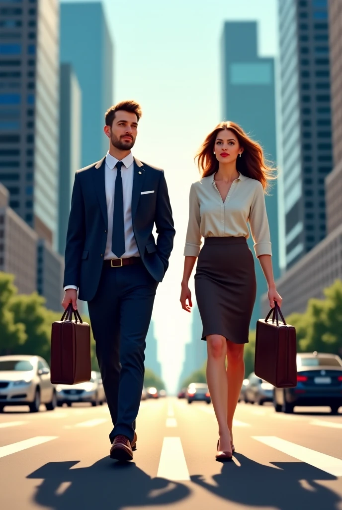 Two people, a woman with shoulder-length hair and a muscular man, businesspeople, holding hands, walking forward 
