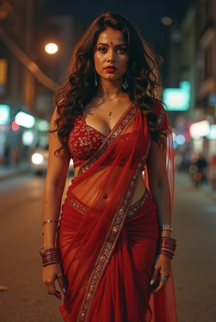 A beautiful milf married indian lady,sunny leone,plus size,, dark curly indian hair, wearing black dancing short blouse and short petticoat, her bare belly is exposed,background in an dirty indian slum,at dark night, some red fiary lights lit, the lady is dancing, a desi beer botle in her hand