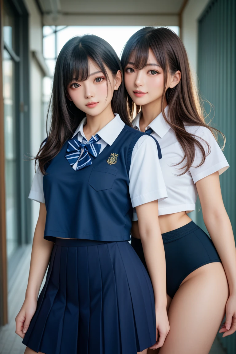 (2 young girls), extremely detailed CG unified 8k wallpaper, Highly detailed, High-definition raw color photos, Professional Photography, Realistic portrait, Cinematic Light, Bangs, (High School Uniform, Pleated skirt:1.3), (High school uniform with wide open chest:1.2), See-through sheer panties, (Beautiful big breasts:1.2), (Open legs), (:1.3), Cameltoe, Sitting, crass room,