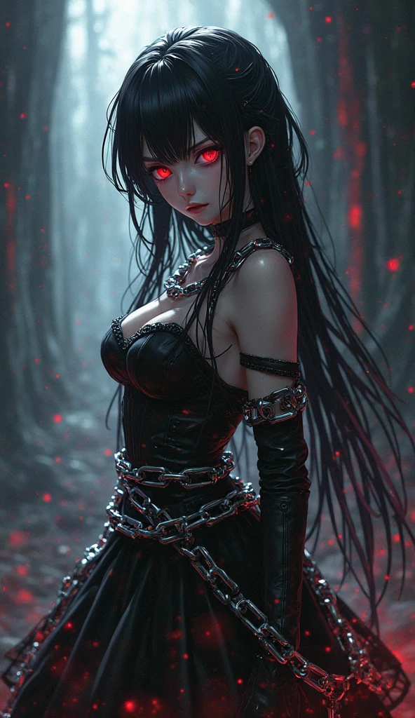 a dark-skinned anime girl with glowing orange eyes and a lowered gaze, wearing tattered white cloth bandages as clothing, with lots of cast iron chains, sitting at an old wooden table in the gloomy room of an abandoned temple, a sickle lying on the table, broken chairs and an atmosphere of desolation in the background, a dark, moonless night sky visible outside, long black ash hair flowing out from beneath a stylized triangular helmet, holding a large sword or similar weapon, posing in a dark, scary woods, best quality, 4k, 8k, highres, masterpiece:1.2, ultra-detailed, realistic, photorealistic, photo-realistic:1.37, HDR, UHD, studio lighting, ultra-fine painting, sharp focus, physically-based rendering, extreme detail description, professional, vivid colors, bokeh, dark fantasy, dystopian, horror art, hopeless, loneliness