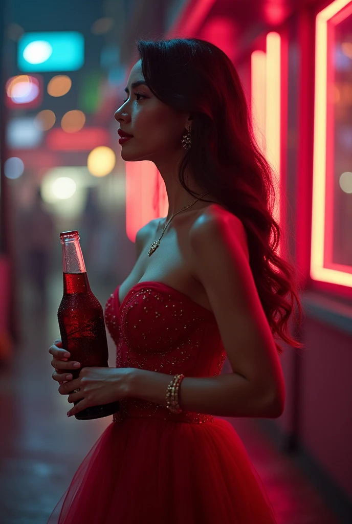 8k, masterpiece, RAW photo, best quality, photorealistic, extremely detailed CG unity 8k wallpaper, Depth of field, Cinematic Light, Lens Flare, Ray tracing, (extremely beautiful face, beautiful lips, beautiful eyes), intricate detail face, ((ultra detailed skin)), ((1girl:1.6)), ((alone:1.4)), ((standing)), in a bar, deep shadow, [Raiana-Elizabeth-Dilla], pretty girl, (very slim slender fit-muscled body:1.3), ((beautiful legs:1.4)), ((looking at viewer)),(big smile:1), (sexy ((see-through)) ((ultra-short ((red:1.1)) bohemian-style Party Dress), ((dark of night,nightlife)), (low key lighting,moody atmosphere,blurred background,whiskey glass,whiskey bottles,exquisite cocktails,artistic pouring,shimmering liquids,stirred drinks,top shelf liquors,elegant glassware,vintage decor,vibrant colors,cocktail shaker,mixing ingredients,smoke effect,long wooden bar,bar stools,bottle labels,neon lights,classic bar setting), (blurred background:1.4), ((without people in the background:1.4)), beautiful earrings, bracelets, necklace, red pendant, clear eyes, (pale skin), (face forward), ((whole-body-view)), ((full-body:1.8, cinematic shot)), (black hairs), (looking at viewer:1.8), cleavage breasts, large breasts, touching the breast, highly detailed, ultra realistic, extremely detailed and realistic ((red:1.1)) clothes.