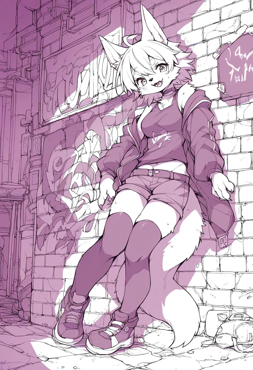 a cute femboy with wolf ears, white hair, a wolf tail, wearing a loose cropped oversized black hoodie, wearing a pair of denim short shorts and fishnet stockings, has black combat boots on, walking down the street.