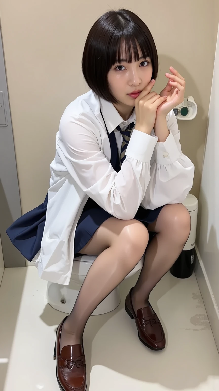 Spread legs, ((1 man, 1 woman, sex)) vagina penis, very cute girl, ((Photorealistic:1.0)), (Hyper-realistic), (8K picture quality), ((masterpiece)), ((Best Quality)), (Ultra-detailed), (Raw photo: 1.2), Beautiful detailed girl, Very detailed eyes and face, Beautiful detailed eyes, Huge file size, Ultra detail, High definition, Very detailed, beautiful Japanese face, detailed face, 8K wallpaper, Fine details, 1girl, black eyes, brown hair, short hair, 18 yo Japanese, high school girl, cute, high school uniform, toilet, sitting on toilet, bottomless, open legs, (god_pussy), front view, from below