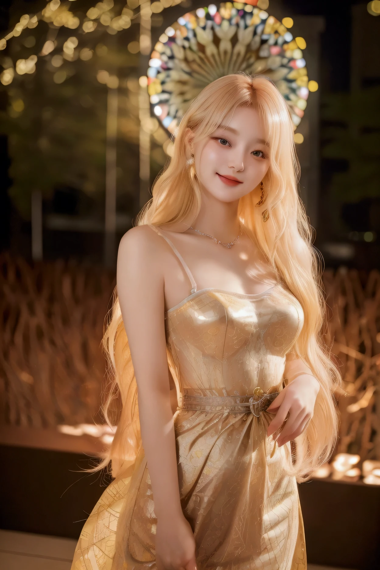 (masterpiece, Best Quality), 8k,((( very detailed))), :1.8,Super intricate pattern, colorful pattern, stained glass background、Transparent body, Mandala, Light Up , 1 female,Nordic Beauty、 Sensual body and sexy waist, , Sensual elegance, sexy body, Sexy appearance, Long Hair、Blonde to red hair、Photographing the city;Night view in the background、 An Extraordinary Beauty 、 Intelligent face、small waist、 big breasts at the temple、Laugh a little, blur background 、 taken from the front 、bright facial lighting、whole body、Top light