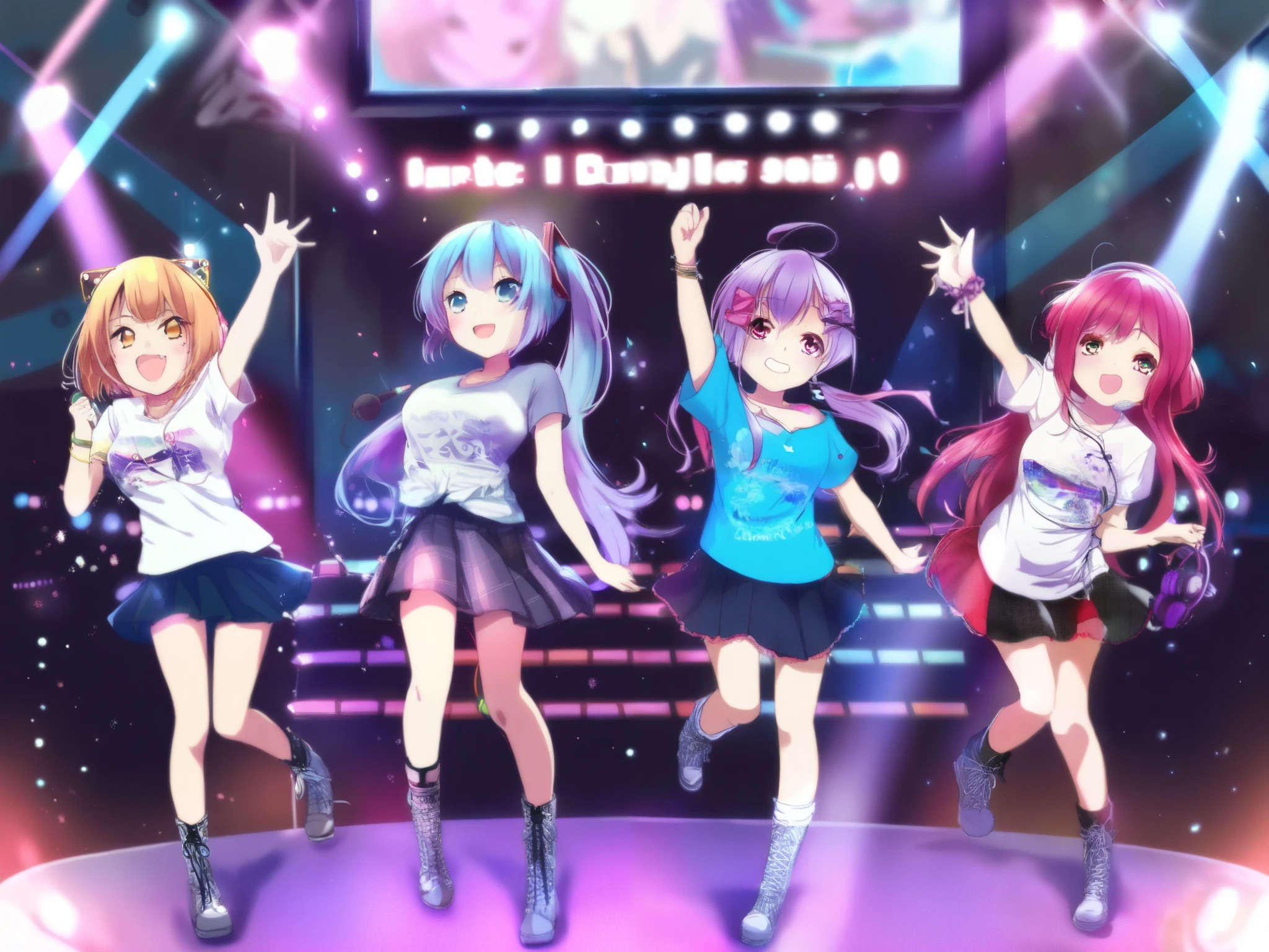  4 Asian women , On a dancing stage, skirt and T-shirt, with headphone mic