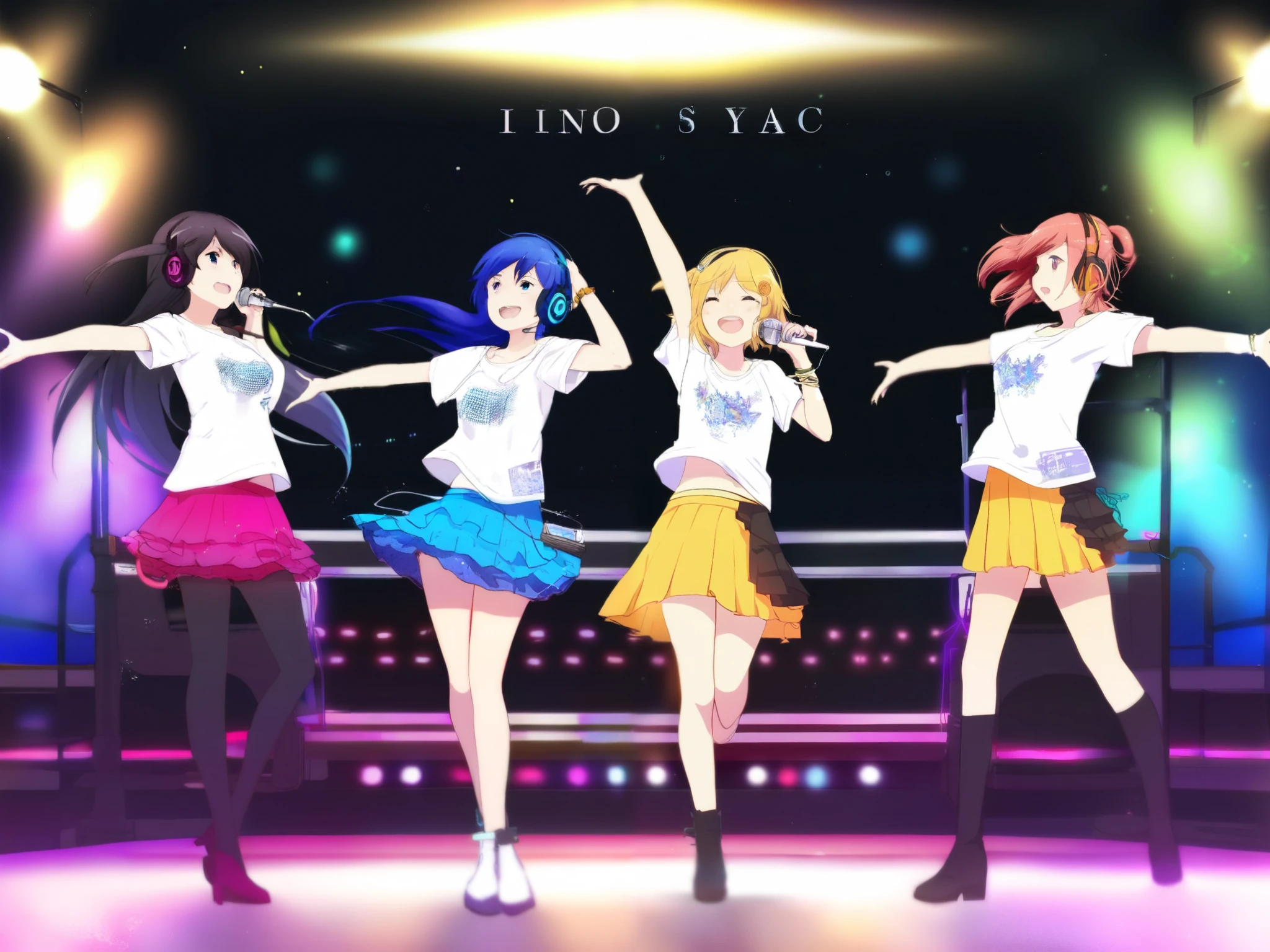  4 Asian women , On a dancing stage, skirt and T-shirt, with headphone mic